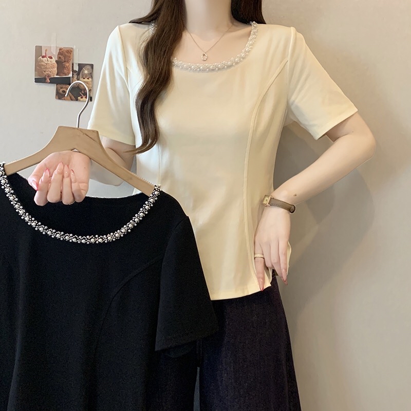 B224(36615) 韩系重工钉珠U领暗鱼骨纹4色上衣