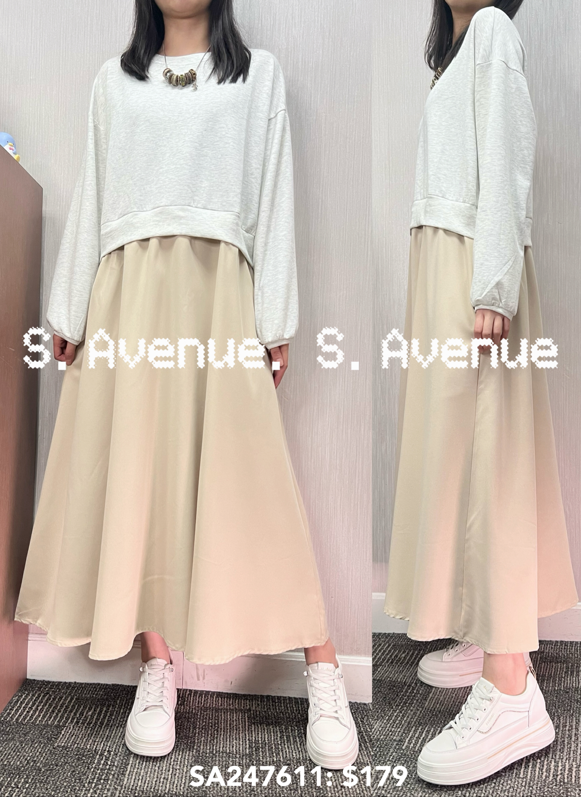 SA247611: 長袖淨色拼色長裙