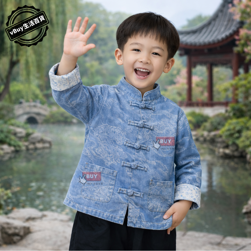 兒童新年衫｜男童 牛仔中式唐裝 立領盤扣 藍色雲紋 唐裝外套｜Vbuy