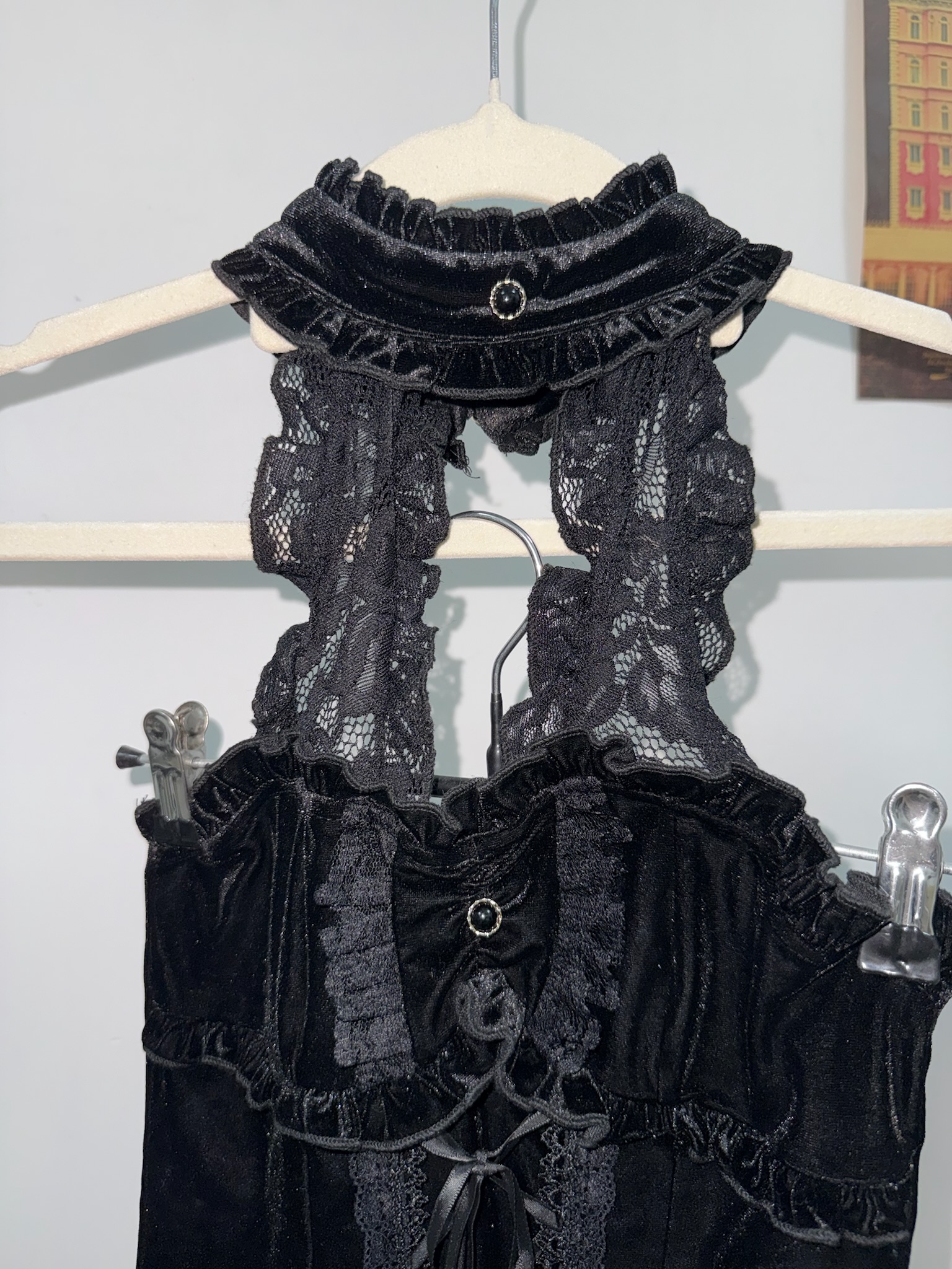 Romwe Gothic Velvet Halter Top with Lace Corset Detailing