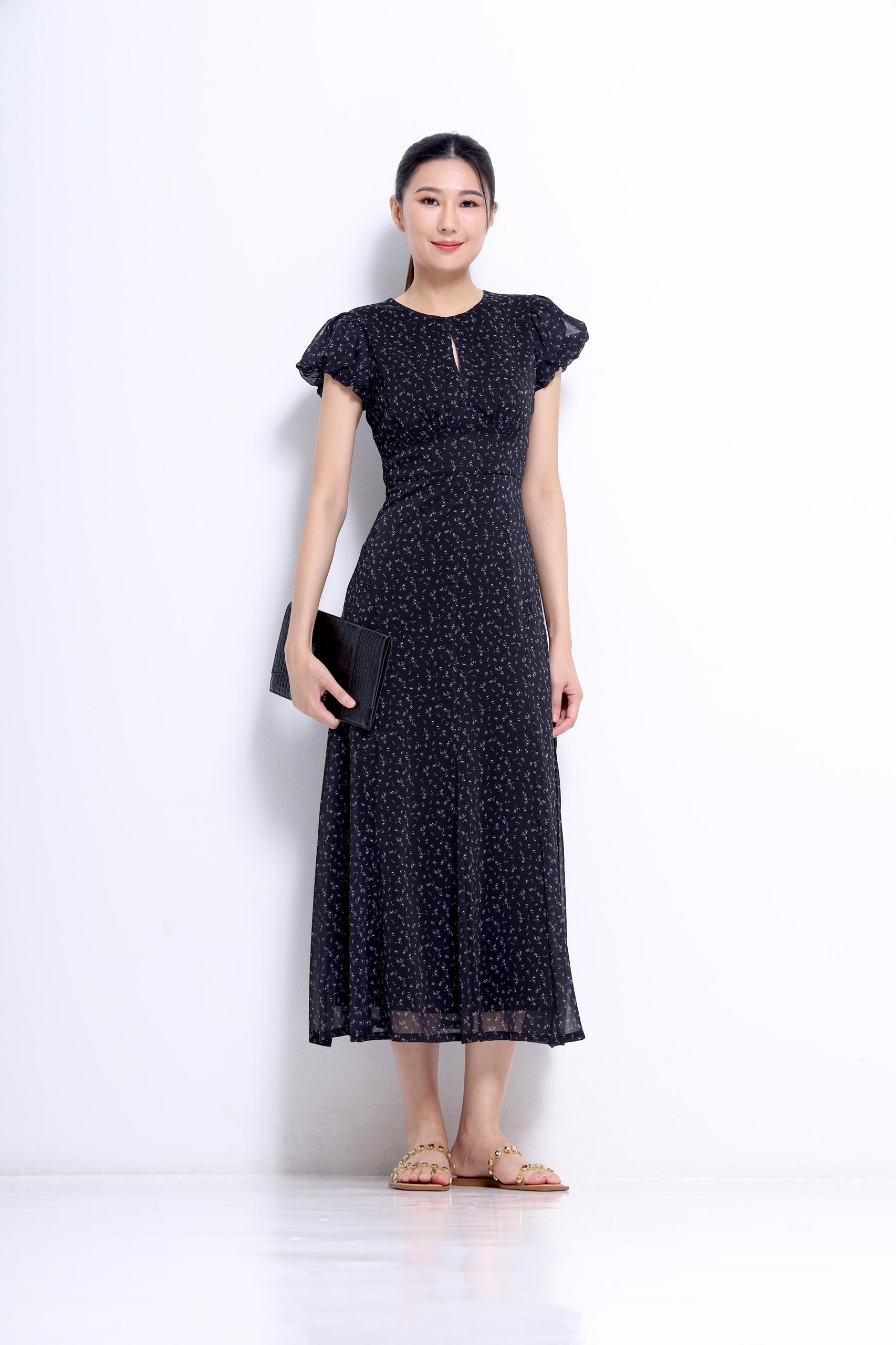 CD2147 FLORAL FLUTTER SLLV ROUNDNECK DRESS