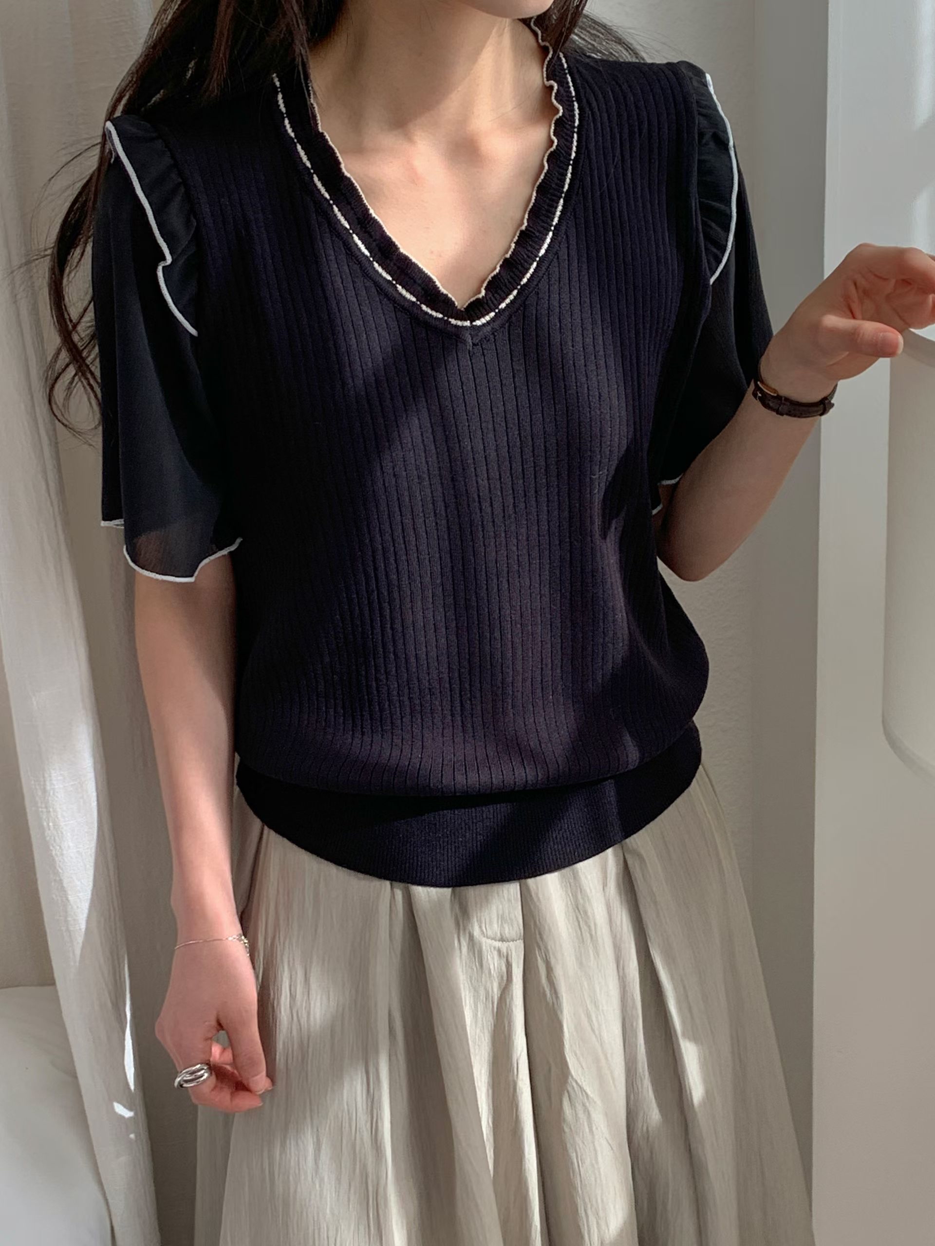 CT12 韓系木耳邊V領針織top