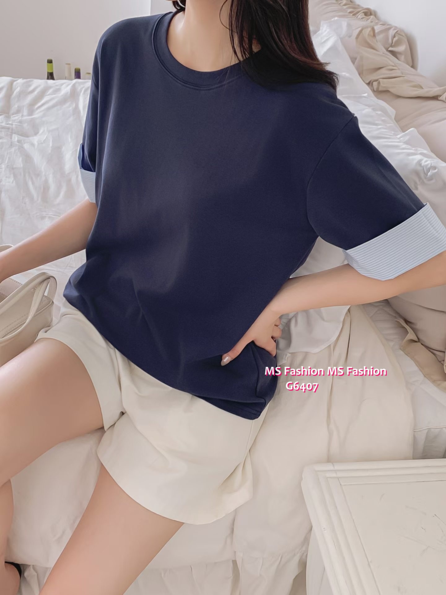 G6407 拼條子袖口top