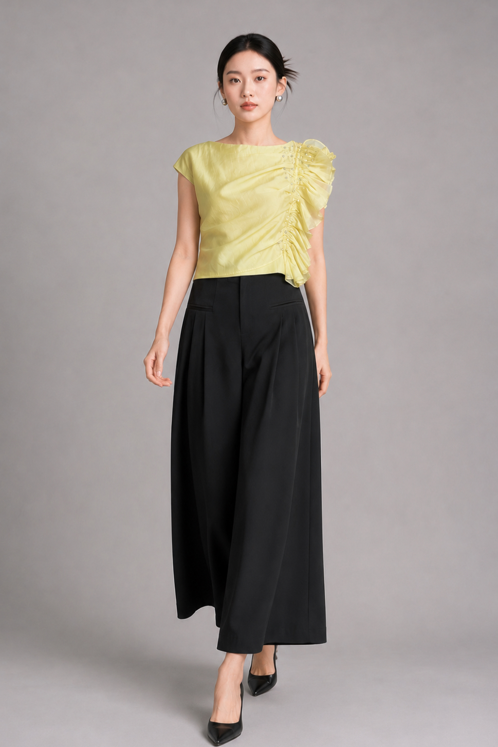 210603-1 High-Waisted Pleated Wide-Leg Pants