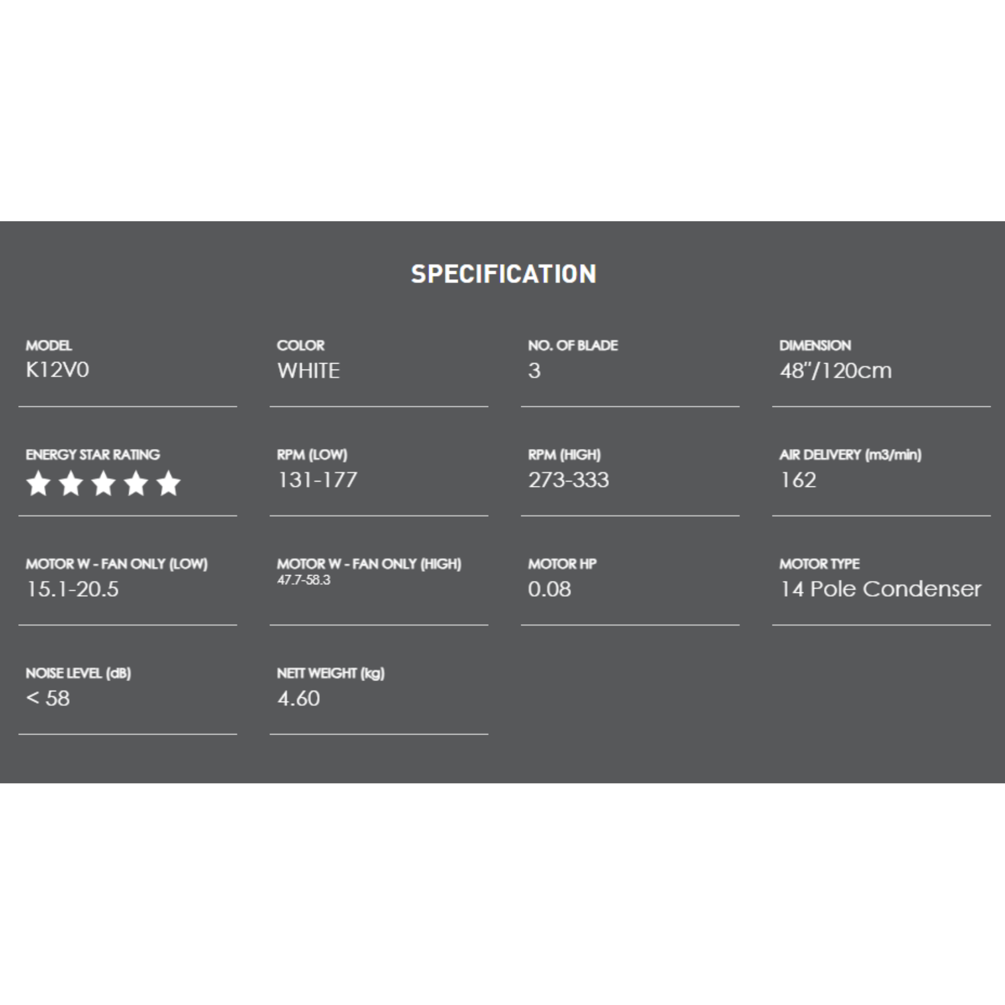 KDK 48" Ceiling Fan 3-Blade Regulator White (K12V0)