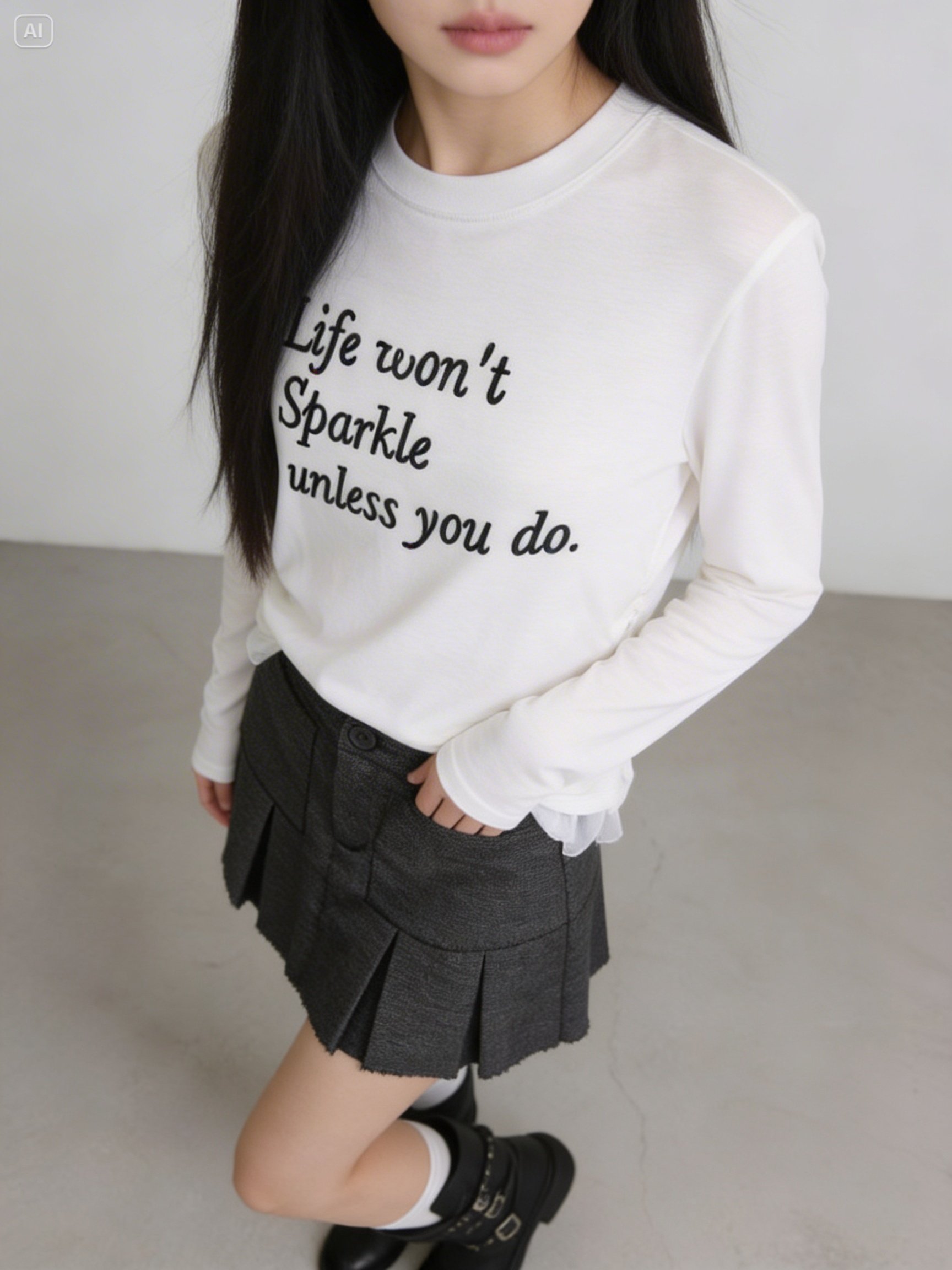 薄紗下擺圓領長袖印字T恤 