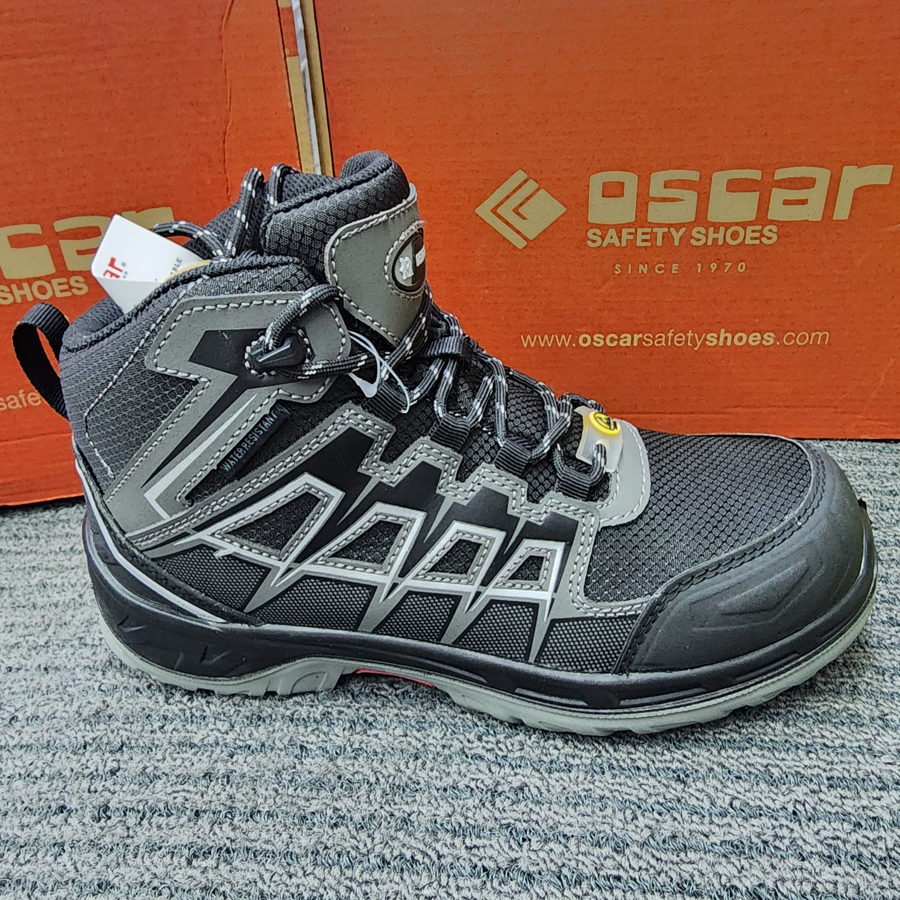 Oscar 122 123 Sport Safety Shoes Mid Cut Lace Khaki Grey ESD SHOES Water Resistant  Kasut Keselamatan