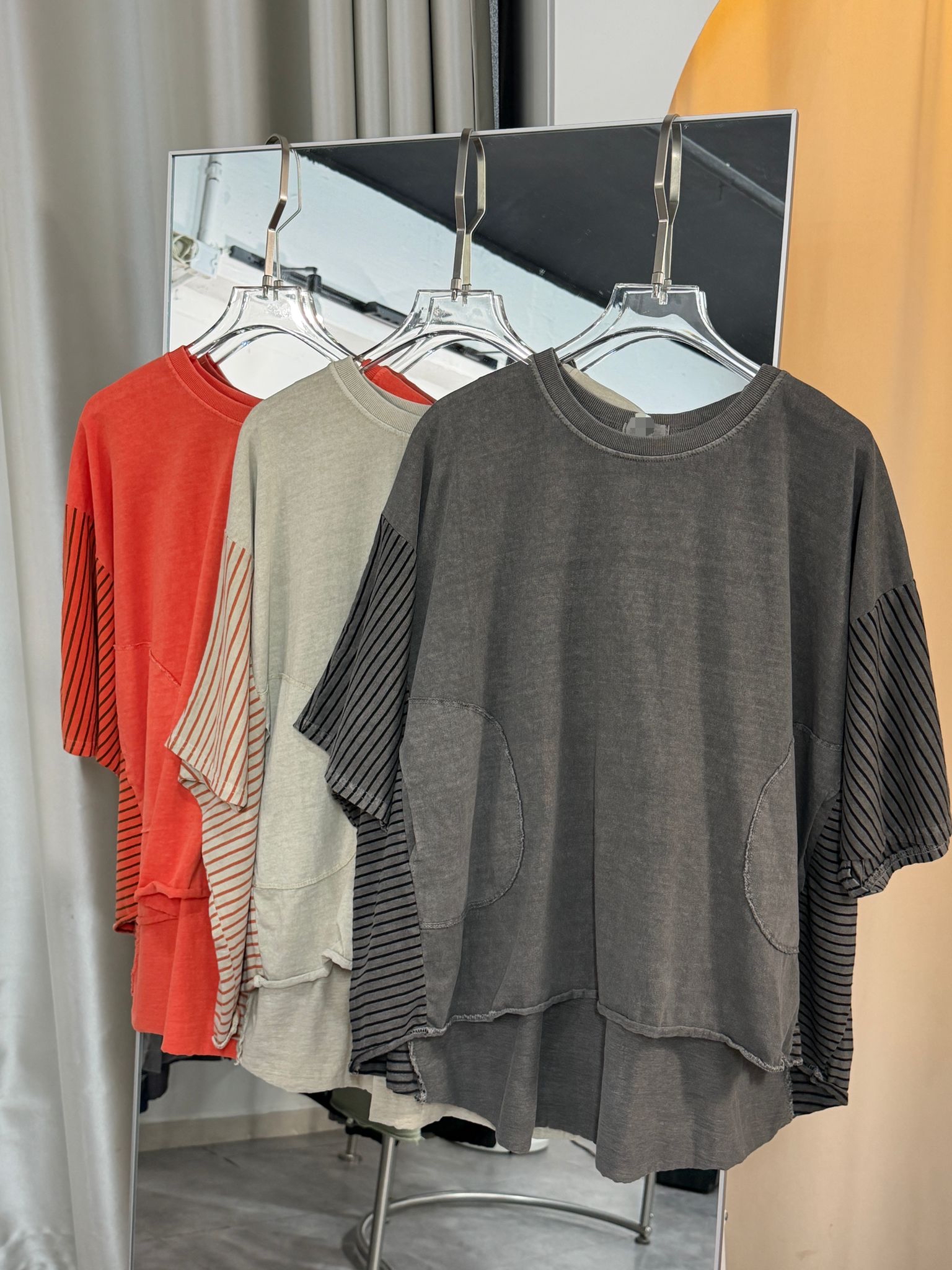 洗水撞色條紋拼接寬鬆休閒上衣