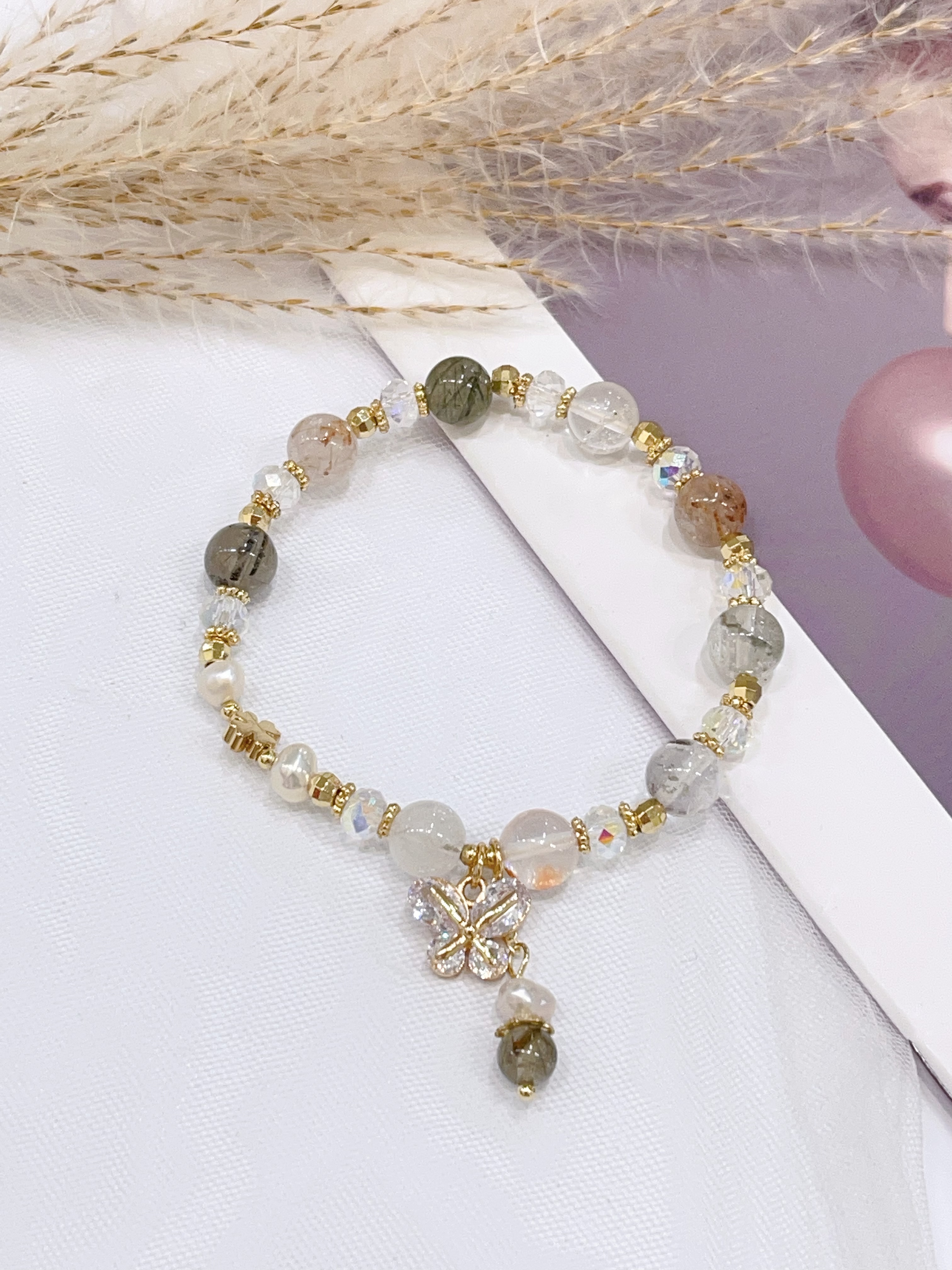 🦋 彩发晶多宝 × 蝴蝶吊饰手串 Multicolor Rutilated Quartz & Butterfly Charm | 8mm