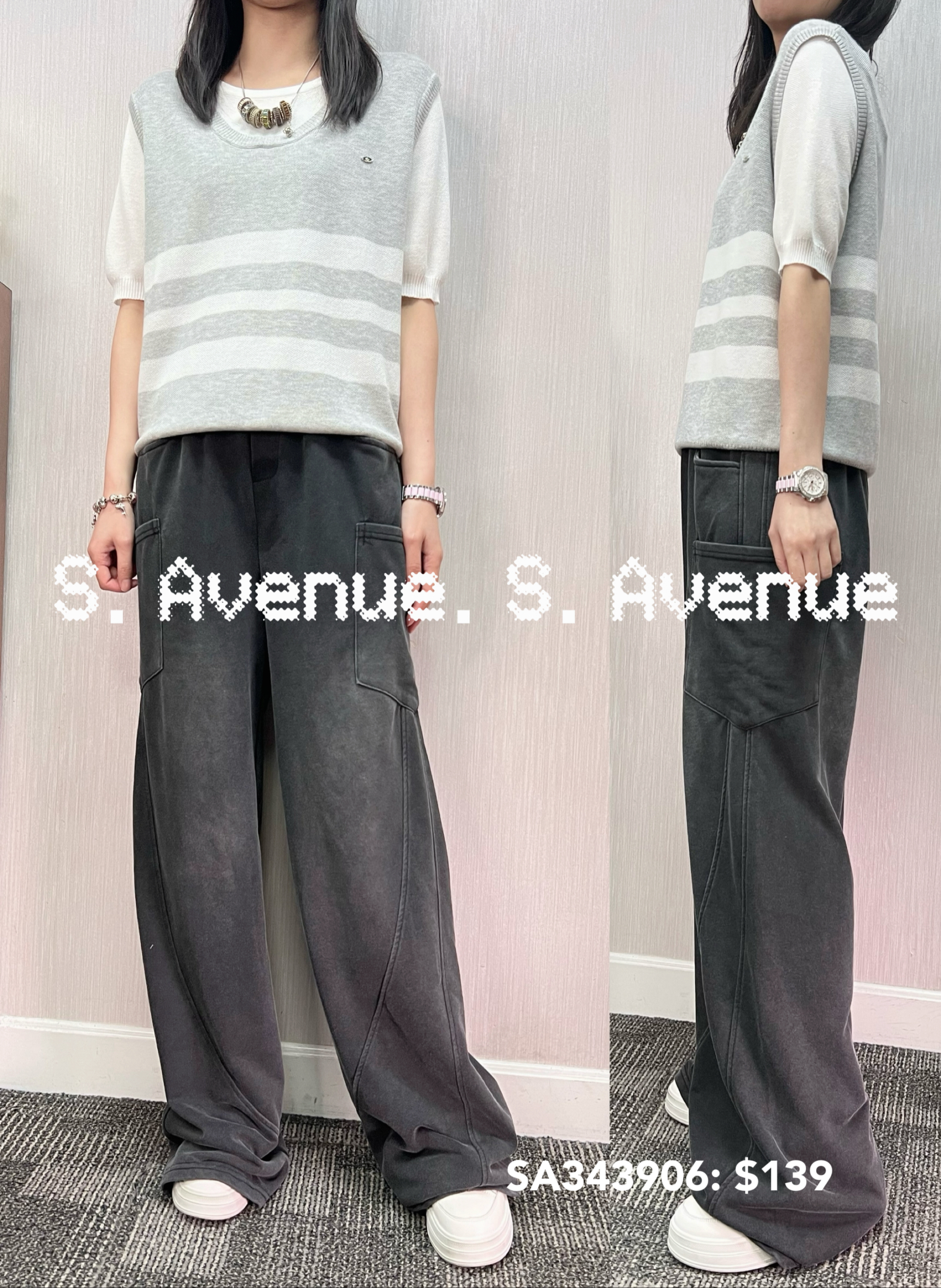 SA343906: 短袖間條假兩件線top