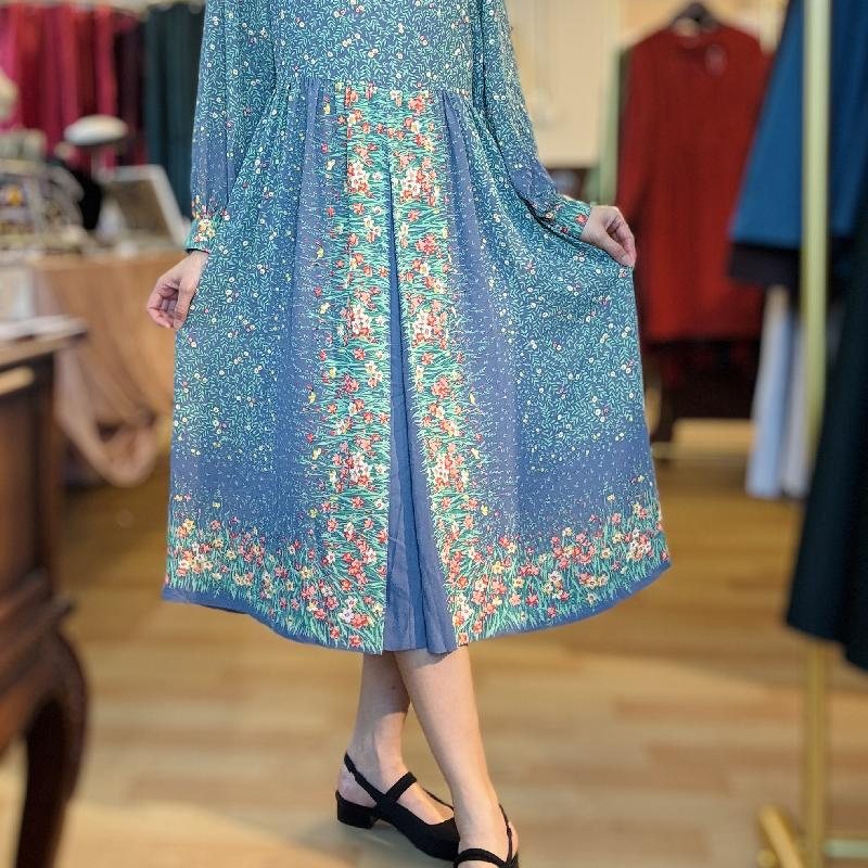 Vintage Square Neckline Spring Floral Front Pleat Chiffon Dress (MT2260-24)