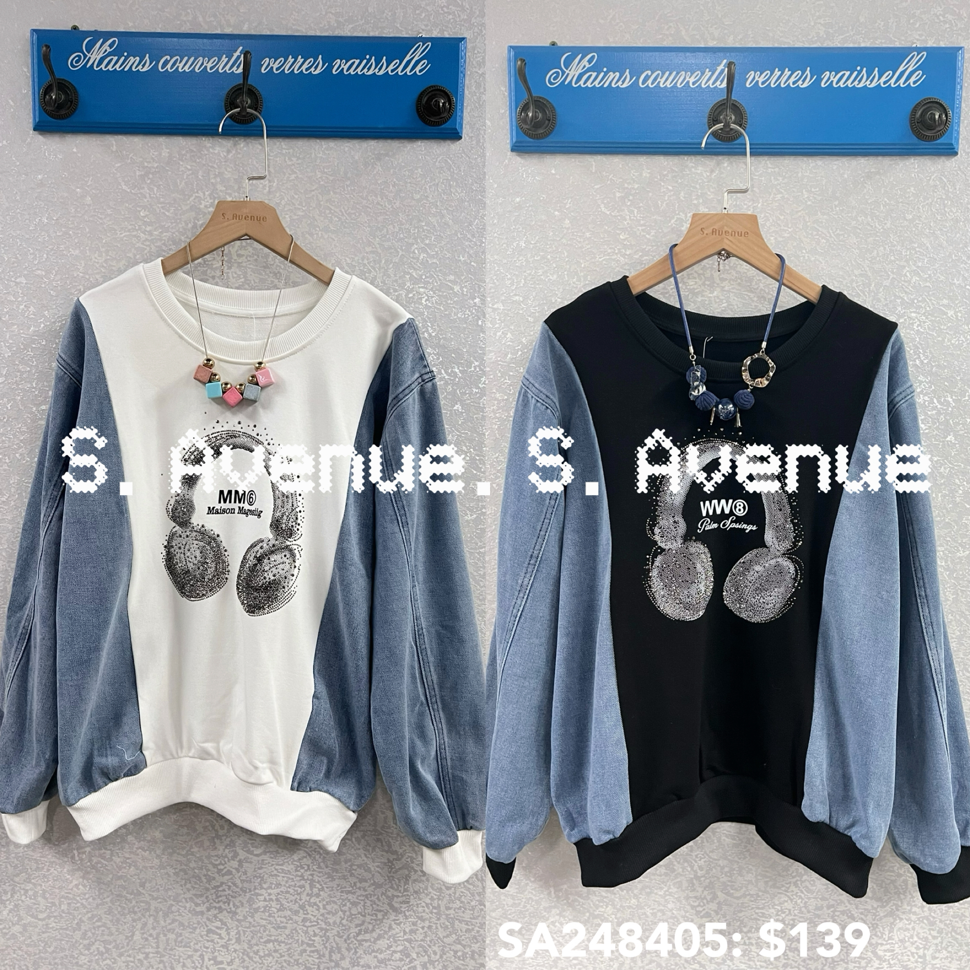 SA248405: 長袖牛仔袖印headphone圖案tee