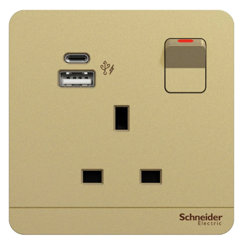 Schneider 施耐德 奐尚 13A單位連保護門有掣雙極插座連兩位USB充電插座Type A+C