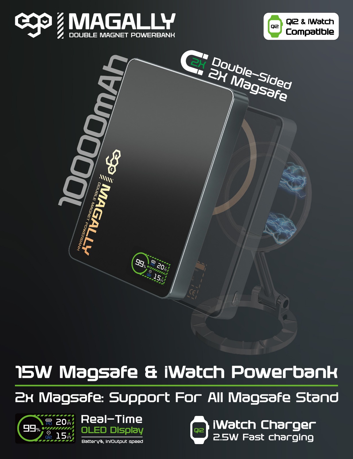 EGO MAGALLY 雙磁鐵移動電源：10000mAh，15W MagSafe & iWatch 無線充電