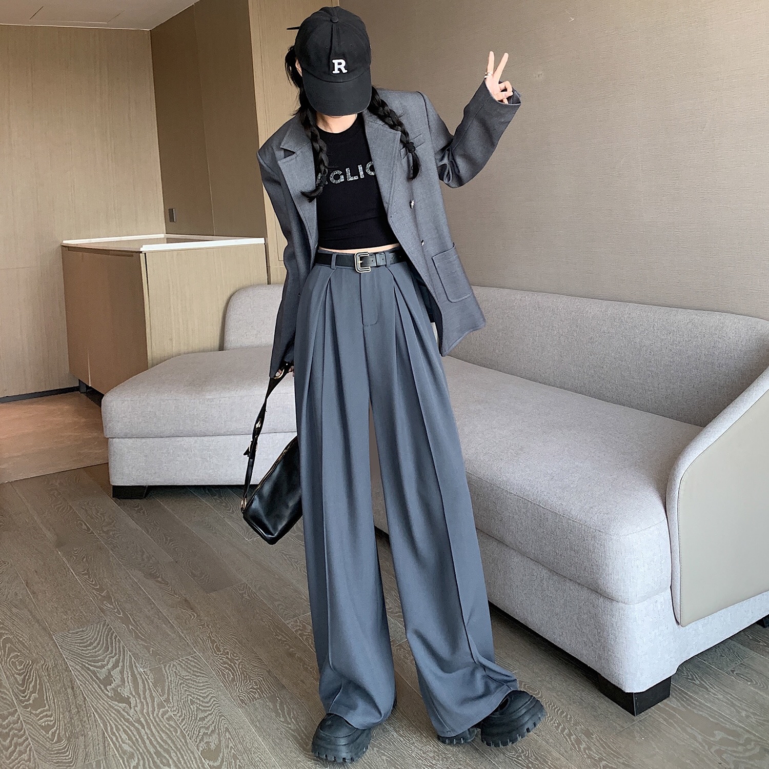 B150(66019) 韩系气质显瘦双暗捏痕开角西装3色阔腿长裤