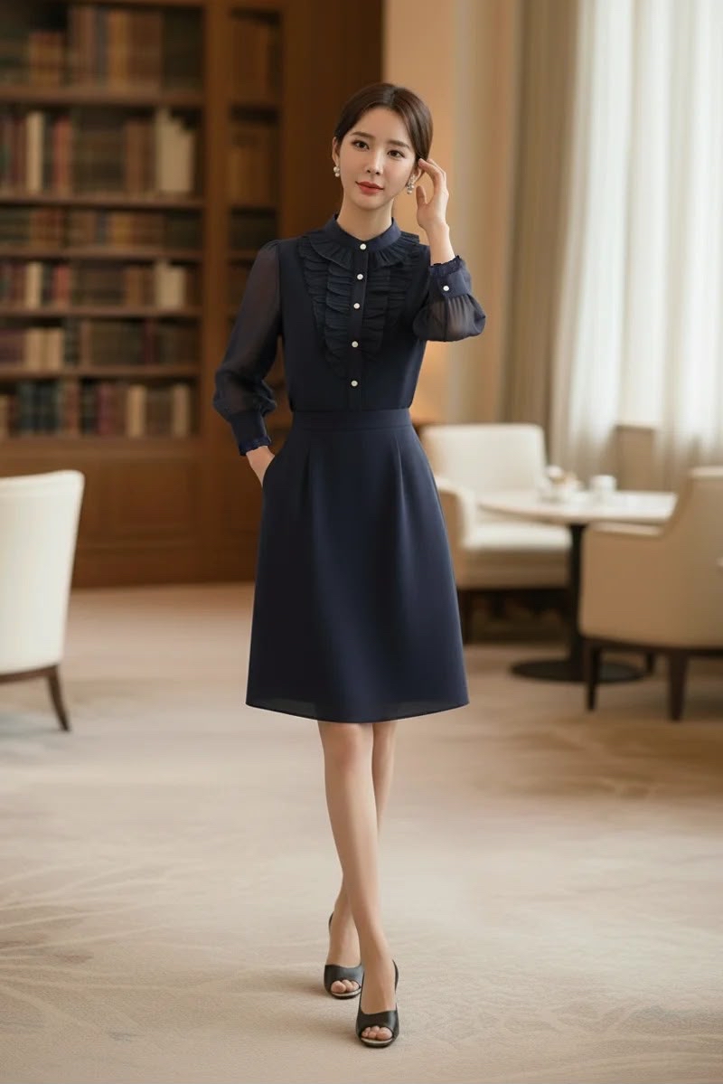 MF191751 Ruffle Chiffon Midi Dress