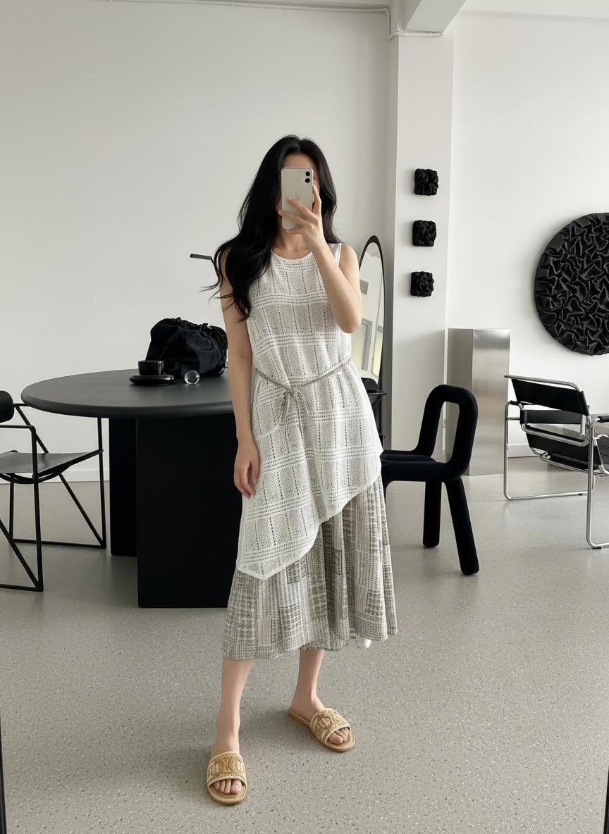 米白色蕾絲鏤空荷葉邊不對稱連衣裙