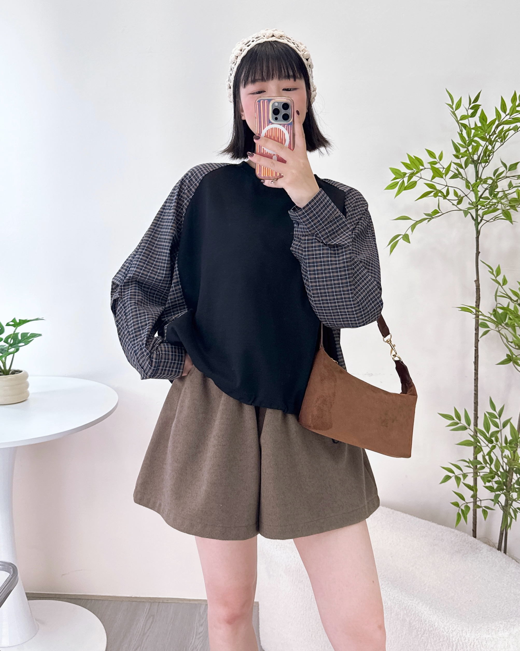 拼寬袖格仔布可索繩上衣 3色