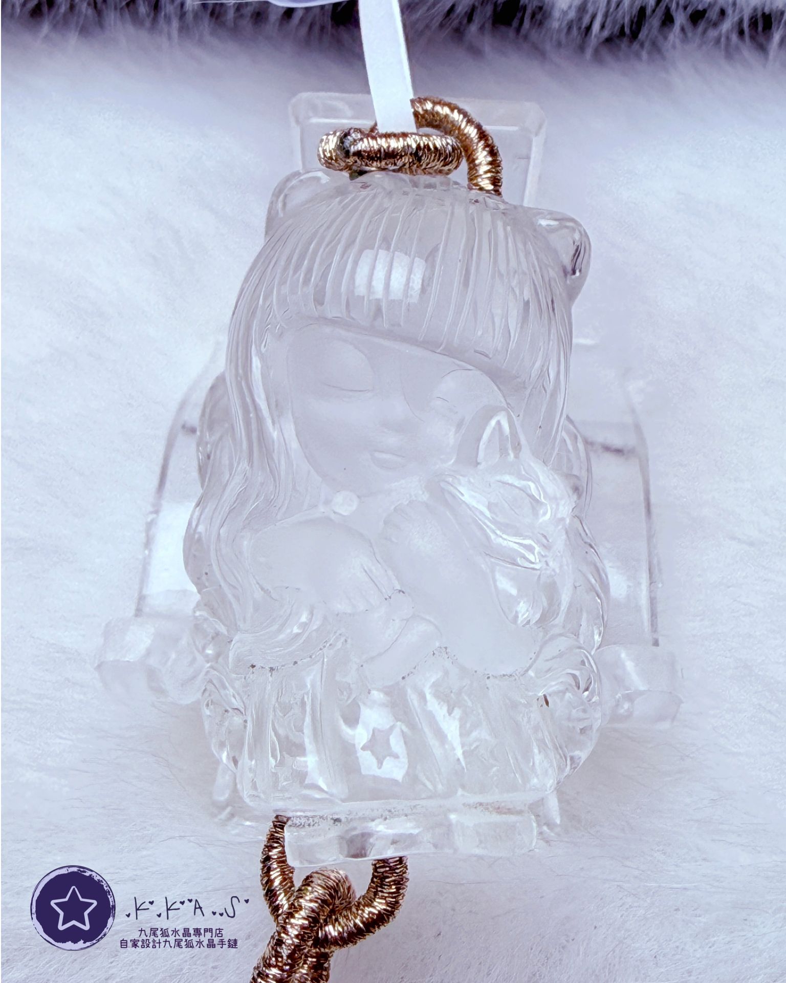 K00035 白水晶雙狐 - 吊墜/手牌兩用款(上下孔)
