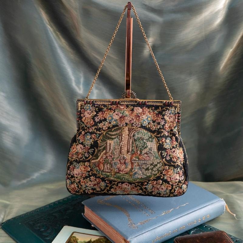 C.a. 1940s Floral & Garden Scenery Tapestry Handbag with Enamel Frame and Champagne Lining (MT2029)