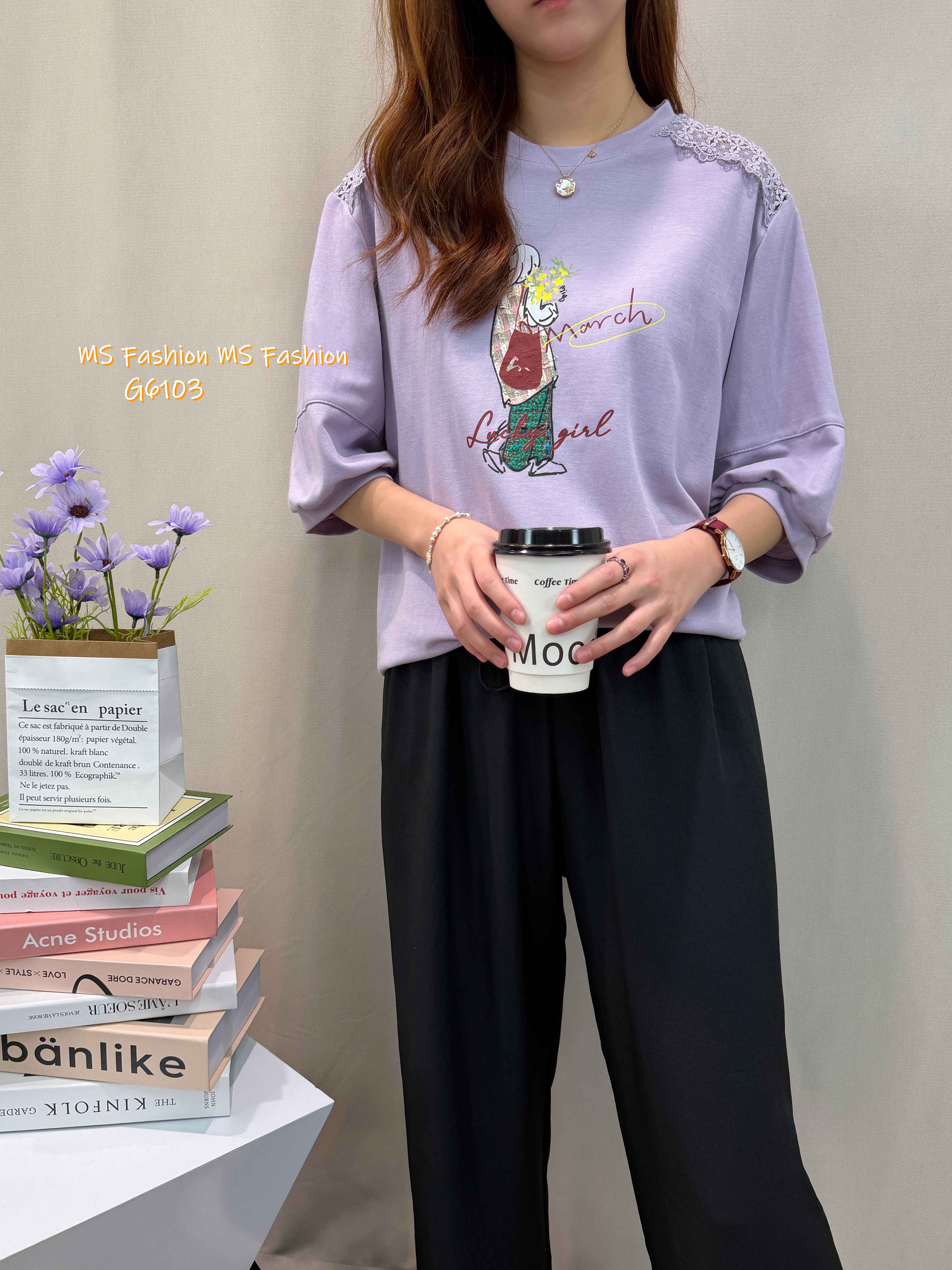 G6103 韓國🇰🇷靚print肩通花top