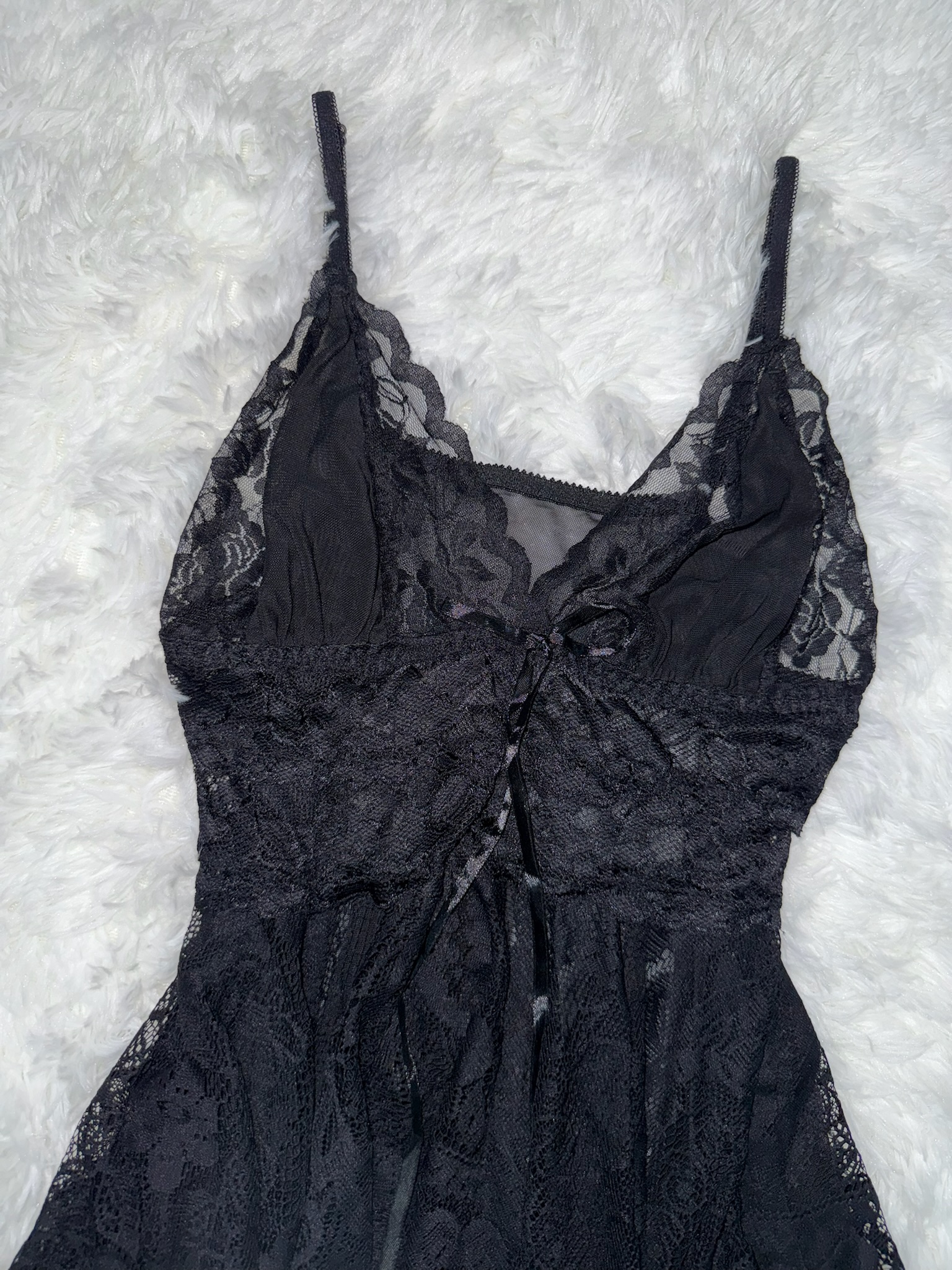 Sheer Black Lace Ghost Dress with Tiered Asymmetric Hem and Ribbon Detail