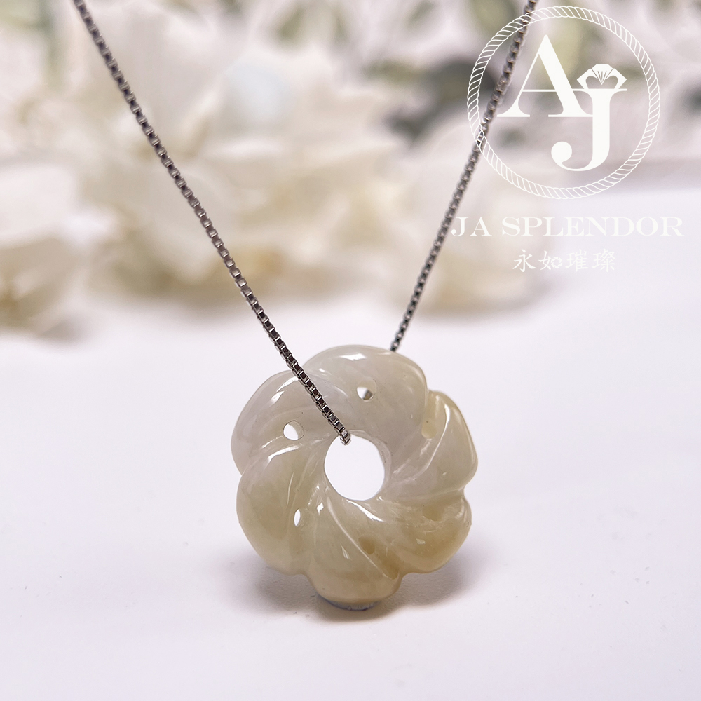 JN-2737 天然翡翠A玉-糖環花開富貴立體雕花吊墜（送銀鏈）