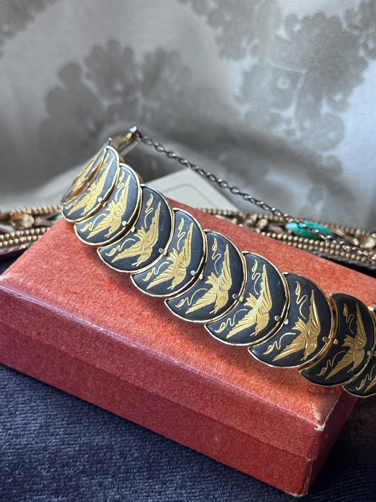 Mid-Century Black & Gold Damascene Crescent Shape Bird Bracelet  - 7.5" (MT2617)