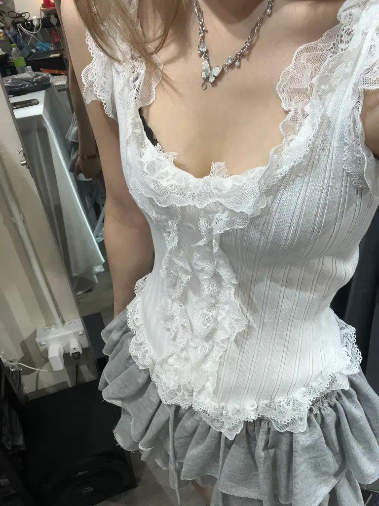 粗帶蕾絲邊長背心 KR2350