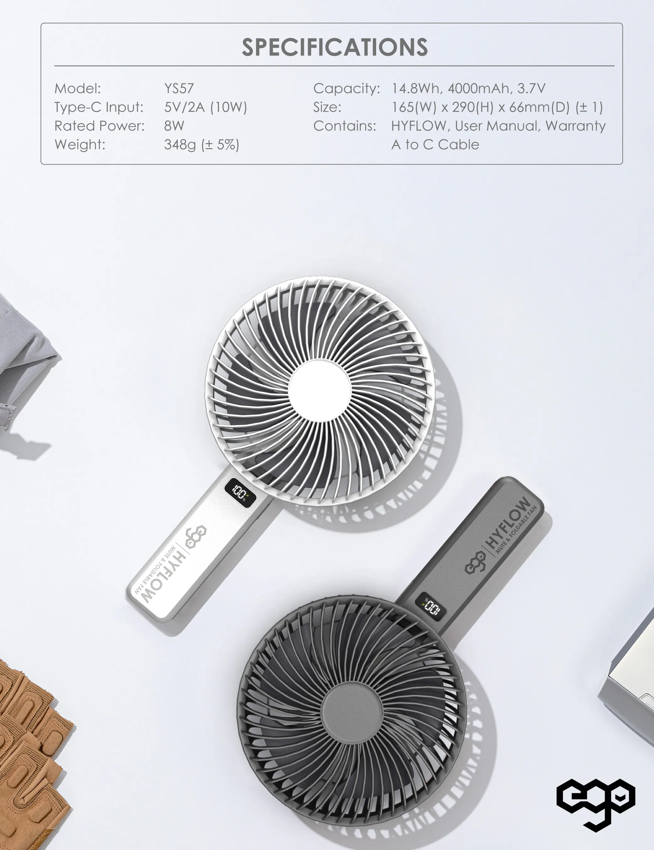 ego - HyFlow 16CM&摺疊風扇 充電式無線便攜風扇｜手提風扇 | LED顯示 | 35分貝靜音 | 180度角度調較