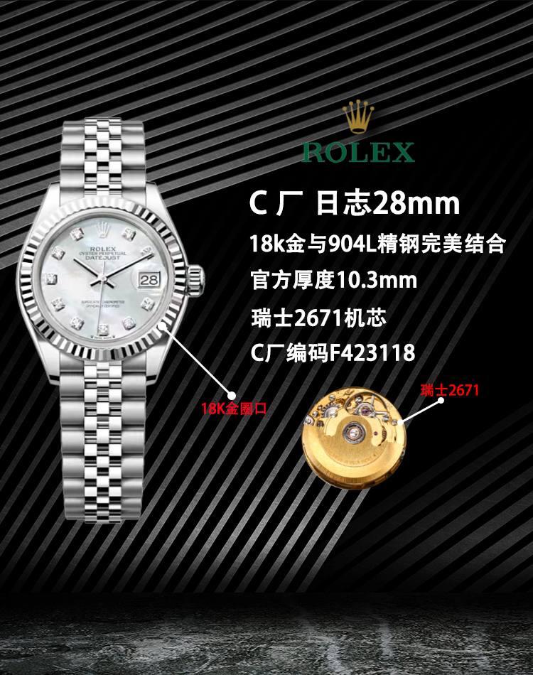 Clean/CS厂🌐—— 白金与904L精钢完美结合——劳力士日志型28mm 专为女性而设计的经典时计，技术而美观的结合不负期望，本次日志型28mm再次从细节入手，本次特点： 1.外壳以最纯粹的904钢原材料制造，狗牙圈以白金材质打造，CNC技术让圈口菱角更加立体，无毛刺，直径、内径尺寸吻合原装！表壳厚度10.3mm与原装一致！ 更提一点是表冠白金材质与圈口搭配吻合原装，表冠旋入式双扣锁双重防水系统！ 2.镜面抗刮损蓝水晶玻璃，防反光凸透式放大日历窗！ 3.劳力士表盘特点的皇冠logo，C厂还是技放术攻克了！还有各种特点的刻度丁都媲美原装，如下面细节图！ 4.采用瑞士2671机芯（参数28800）非国产2671！此机芯无论走时还是摆幅都比nh05机芯更好！虽然有点小贵，但好货不便宜！ 5.C厂用原装开模所谓的新款双头粒904L不锈钢钢带，月牙湾的中珠，厚度偏薄，对于女性手腕会更加贴服，看起来比较美观！如上细节图