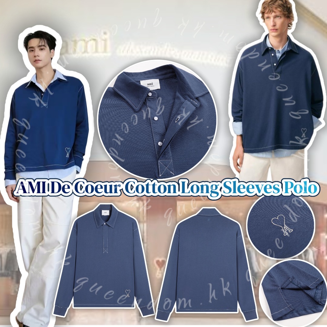 AMI De Coeur Cotton Long Sleeves Polo 下擺刺繡標長袖Polo