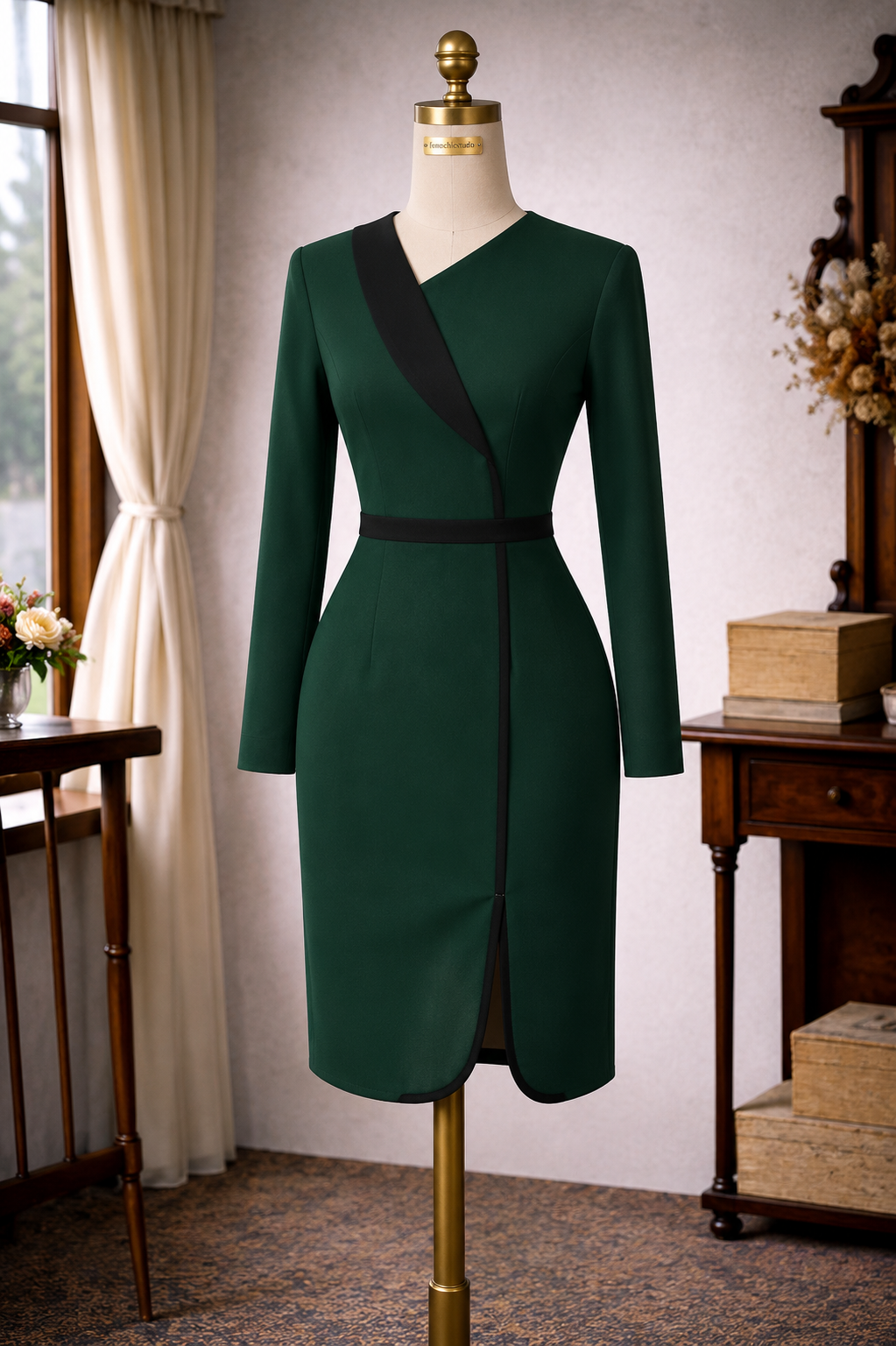  (Ready Made) 1950s Inspired Two-Tone Linear Highlight Wiggle Dress - Green x Black (FM201)