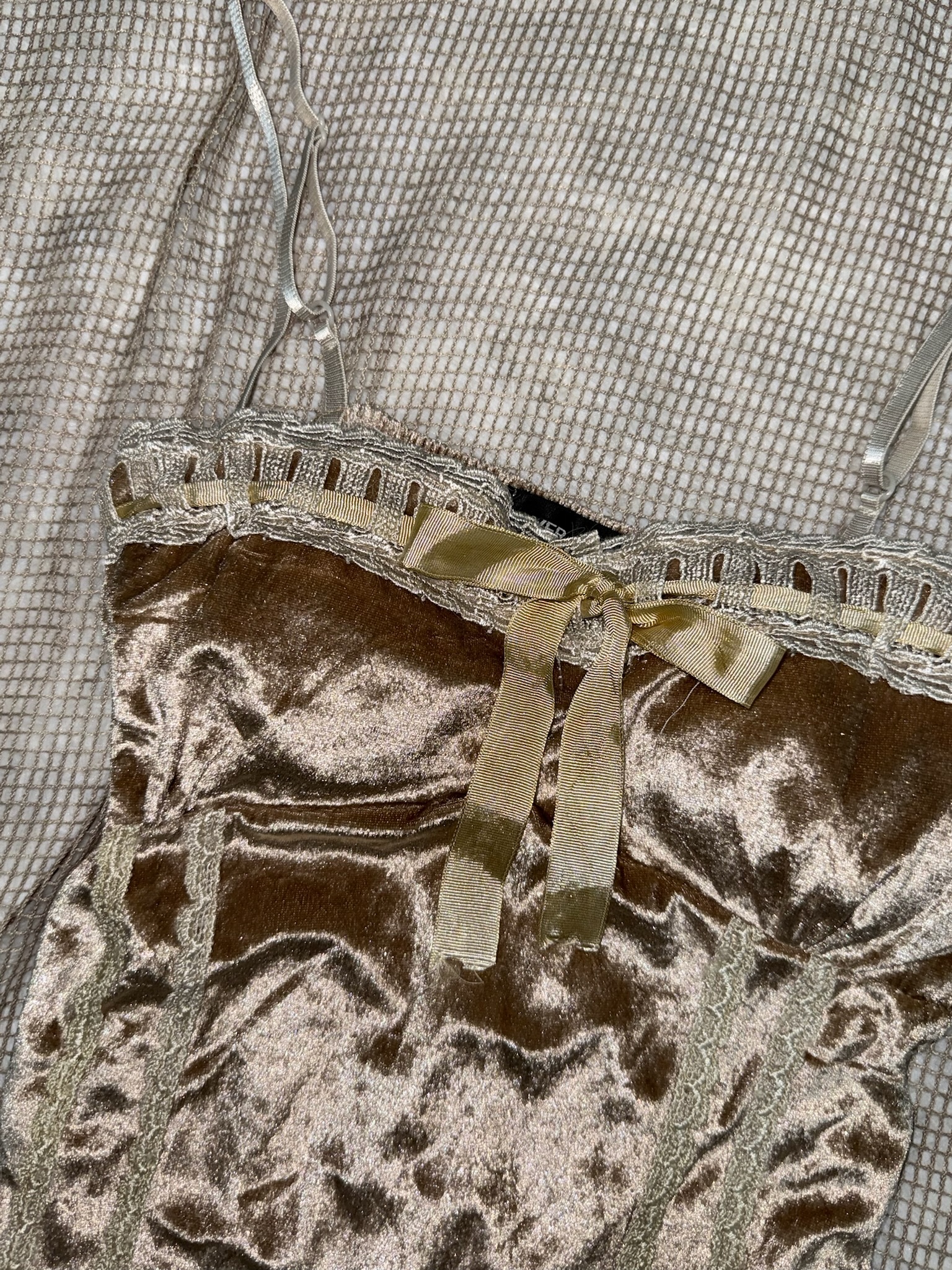 Crushed Velvet Bustier Cami with Lace Trim and Ribbon Bow