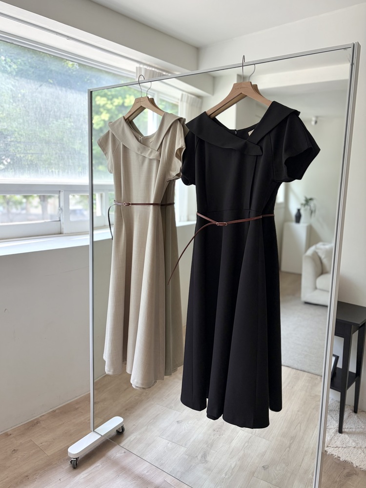 Sailor Collar Belted Dress (Beige)