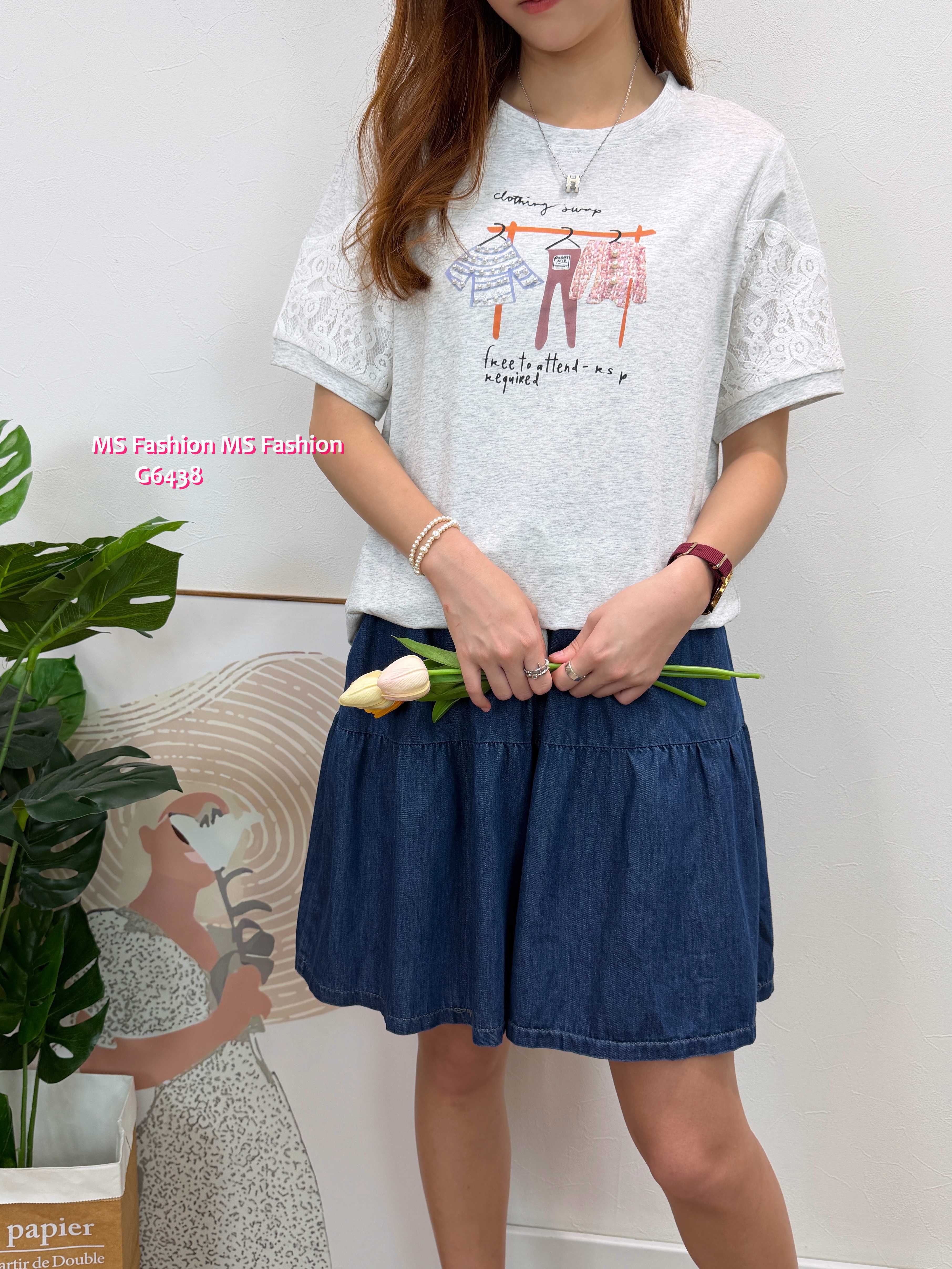 G6438 靚print lace袖top