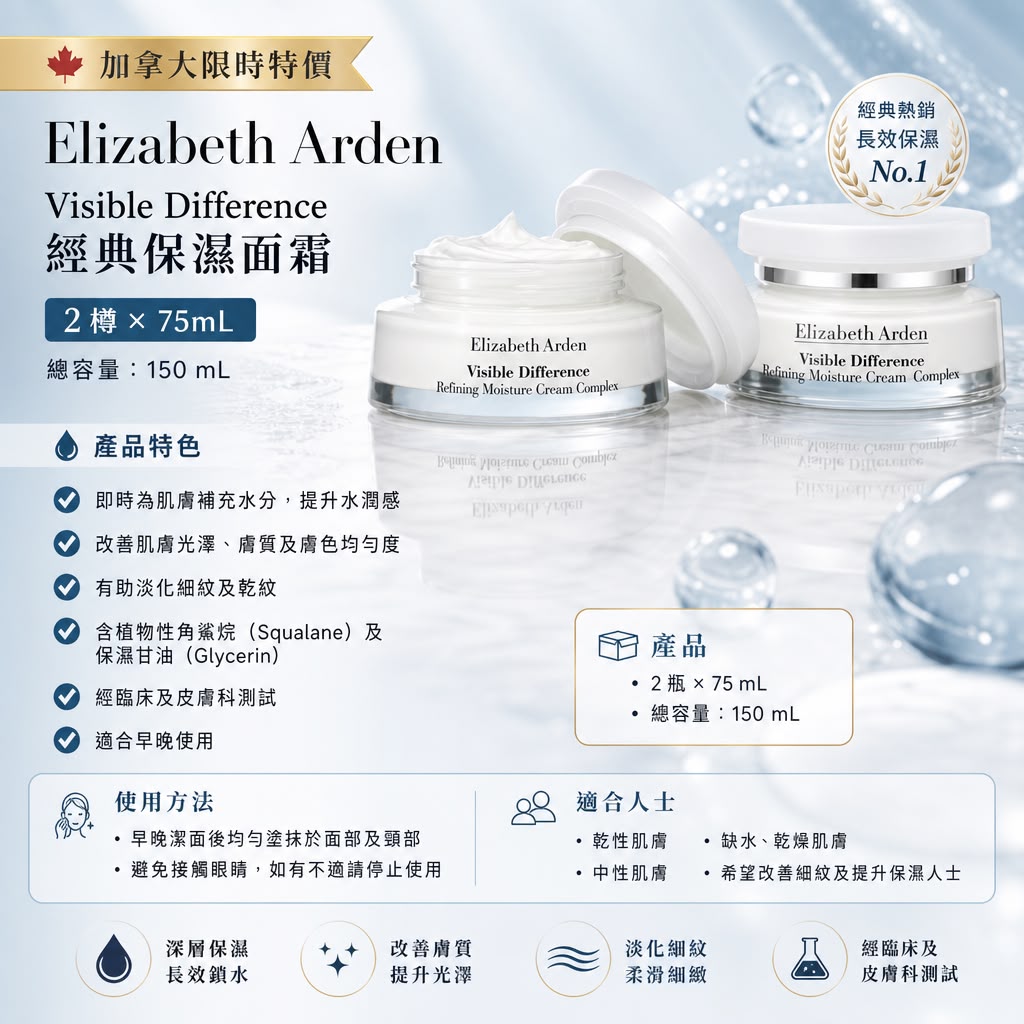 加拿大 Costco直送 │ Elizabeth Arden Visible Difference 經典保濕面霜75ml (一盒2瓶)