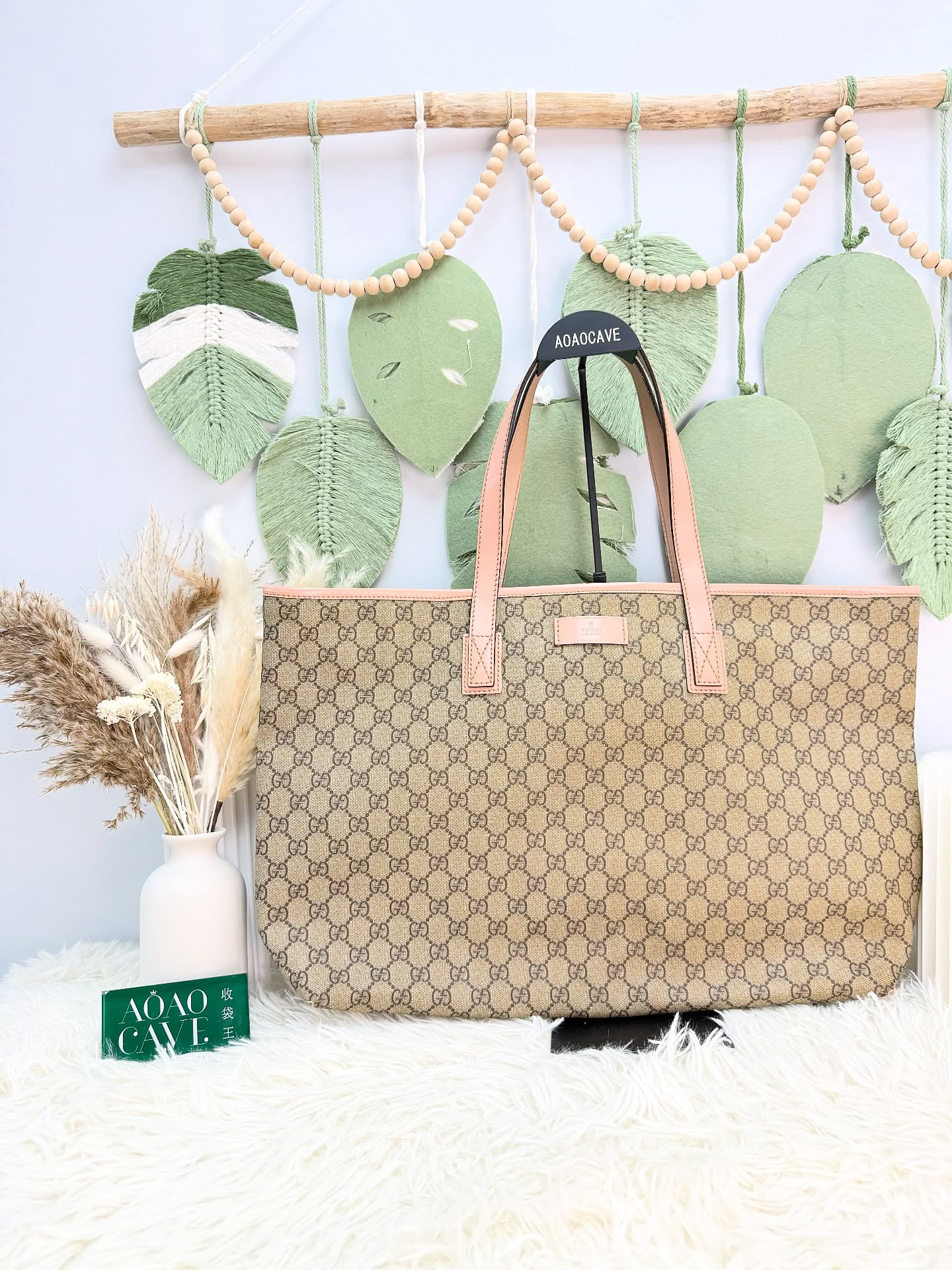 Gucci🤍PRE OWNED 🩷粉紅色皮革帆布拼皮 老花tote 有塵袋🛍️ 