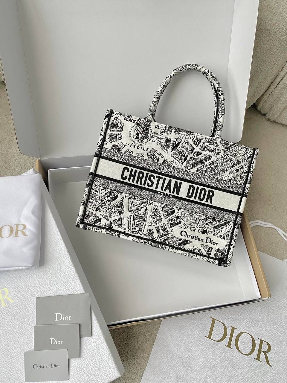 🈶白色中号 𝗖𝗗 𝗕𝗼𝗼𝗸 𝗧𝗼𝘁𝗲 23夏季"巴黎地图" 说实话，近年来花卉系列有点看乏看腻的 请你们一定看看这一只，新的炙热款！！ 本季主打的巴黎第八街区地图，惊艳了全网 真真实实绣在整个包上，砖柜超级难抢的！ 黑白色调干净利落，复古又神秘的法式浪漫✨ 那种高定视觉，沦陷了！沦陷了！ 行走的巴黎街头很是时髦，我先冲了！🎀 36×27×16cm