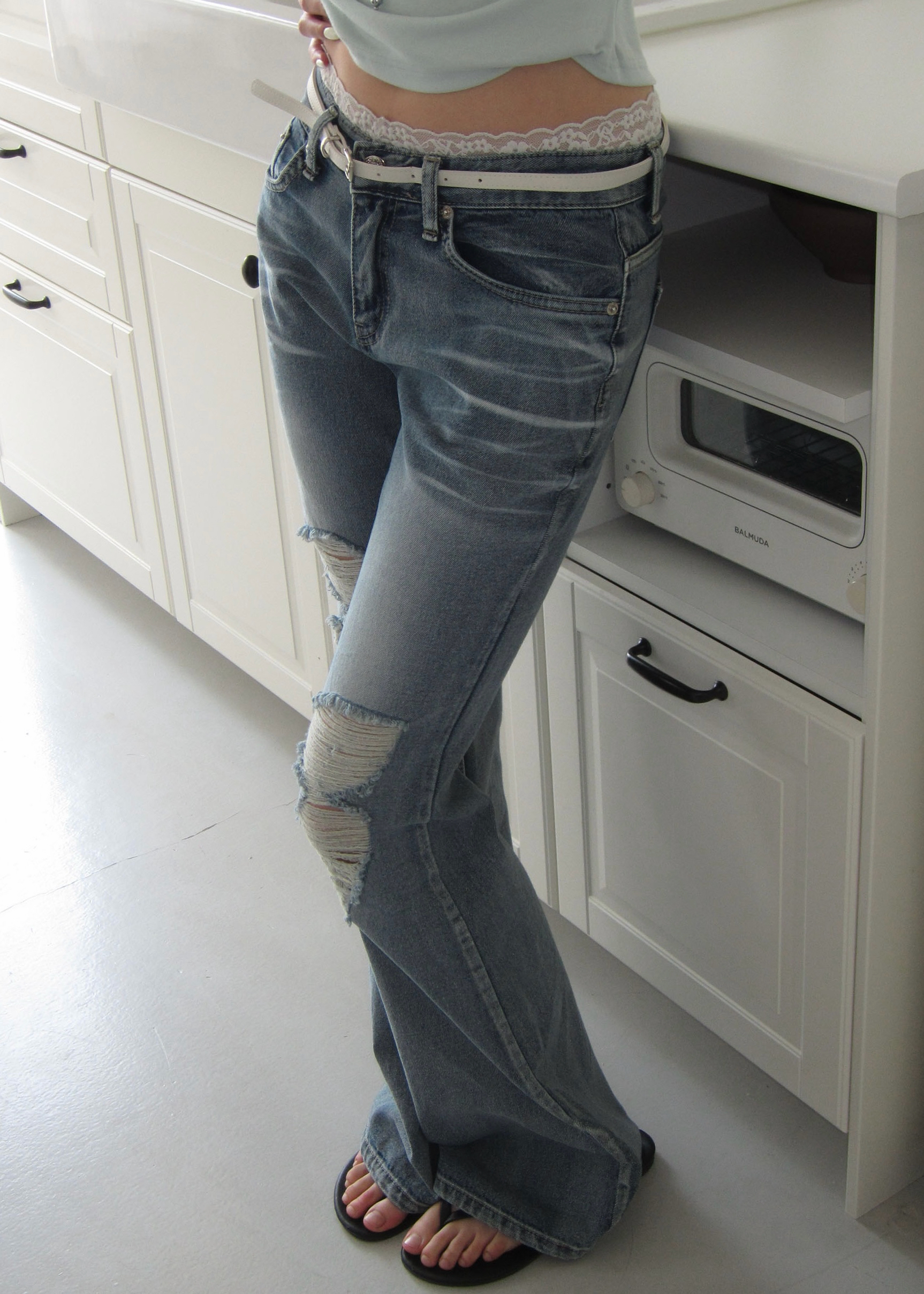 Washed Distressed Flare Jeans