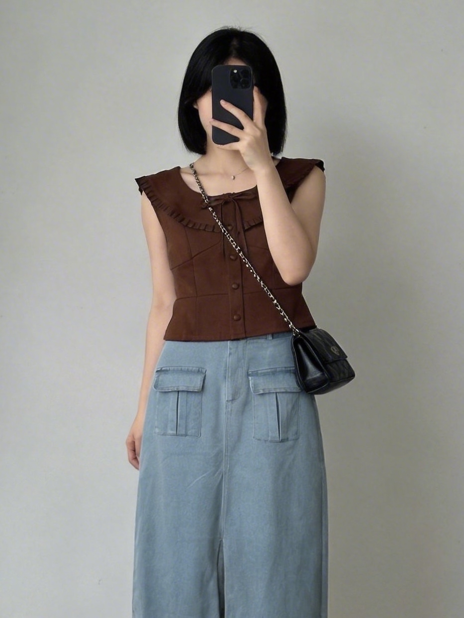 T4039 Bow-tie Ruffle Top - Brown & Cream