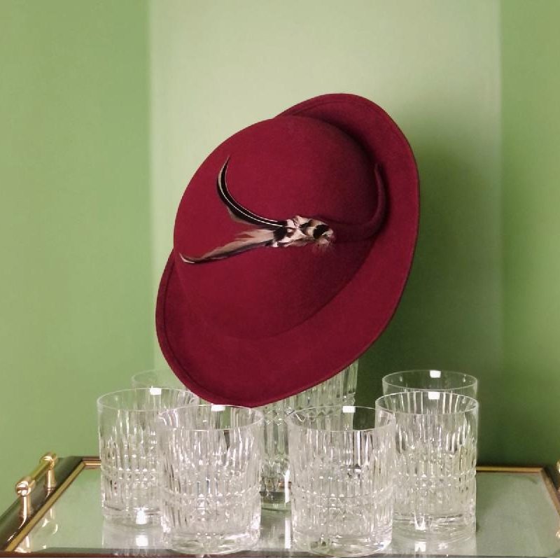 C.a. 1970s Canadian Montreal Andre Burgundy Red Felt Feather Hat/Lady Fedora Hat(MT486)