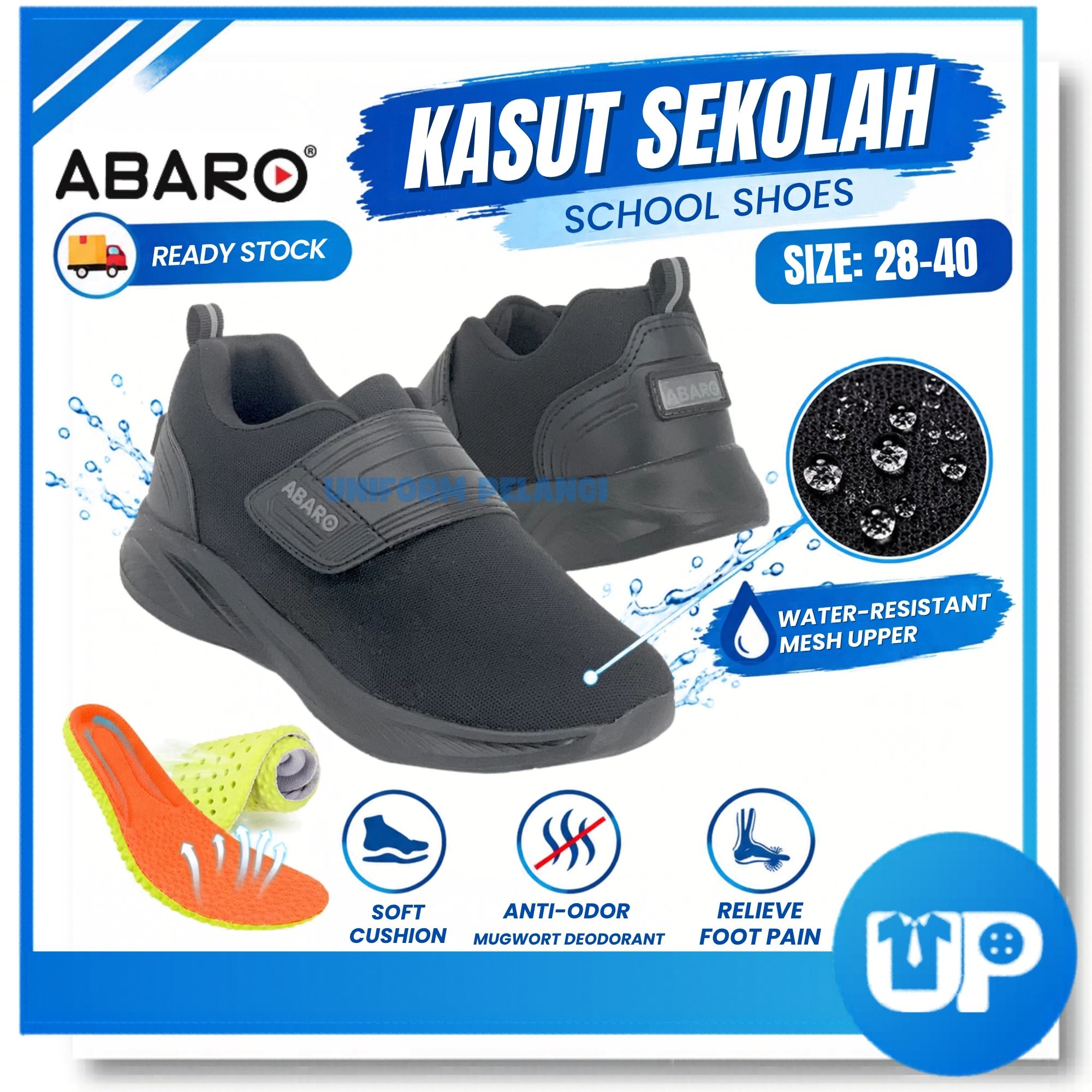 ABARO Kasut Sekolah Hitam Velcro Strap Water Resistant Mesh Sekolah Soft Cushion Shoe (W2881N)