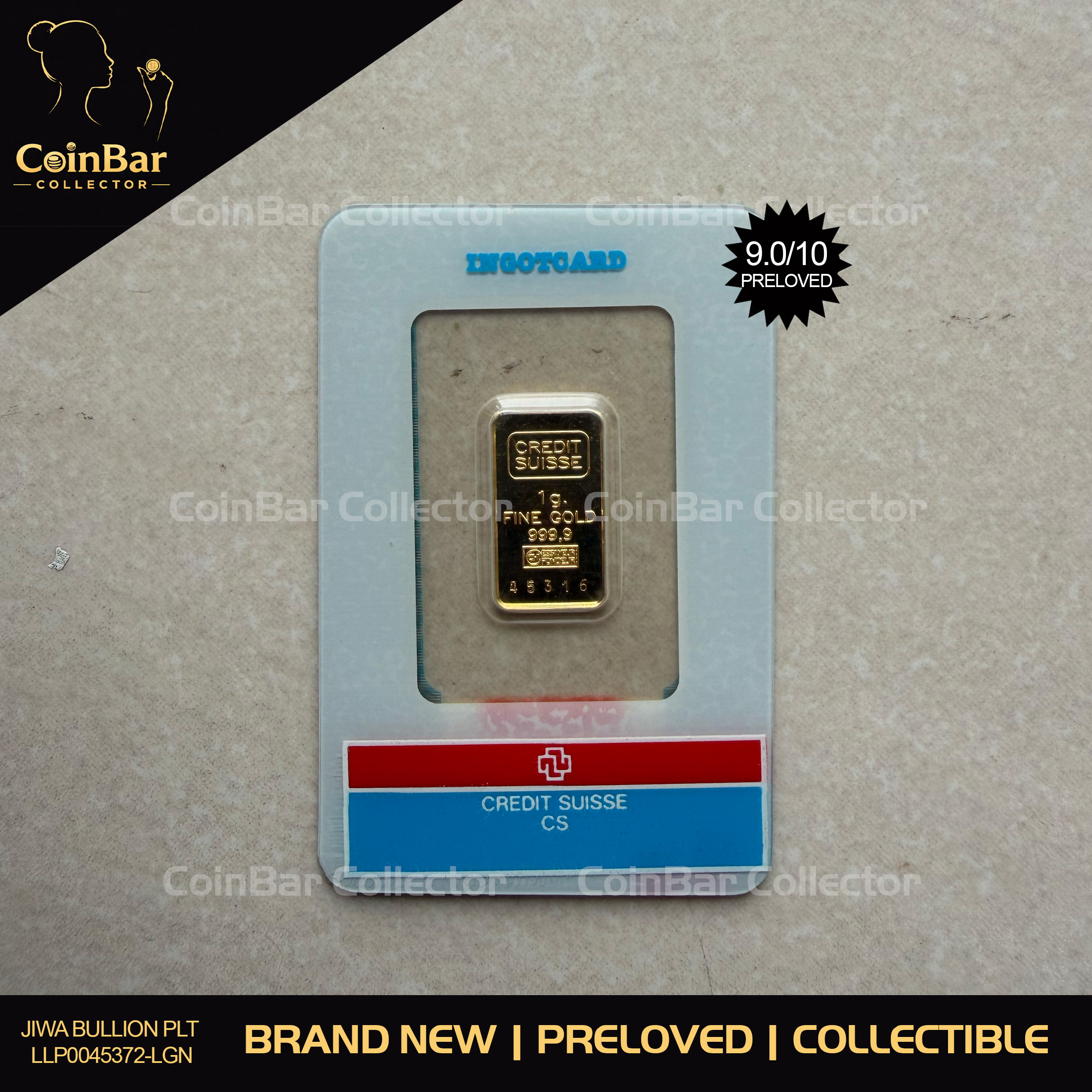 (SN45316) CREDIT SUISSE Rare Vintage 1g🇨🇭Swiss Gold Bar Emas 999.9 古董收藏