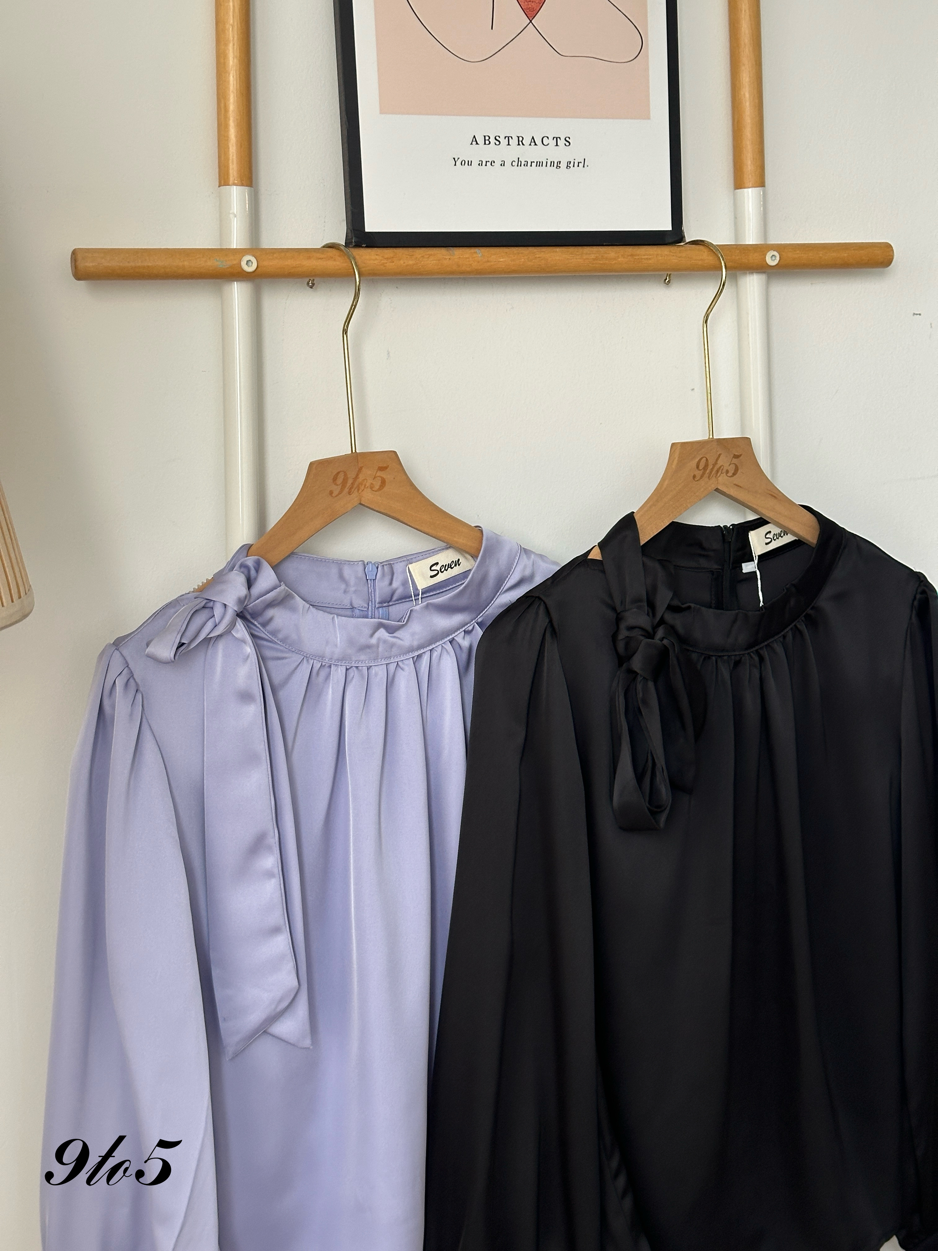 T4030 Tie Neck Satin Blouse - Purple & Black