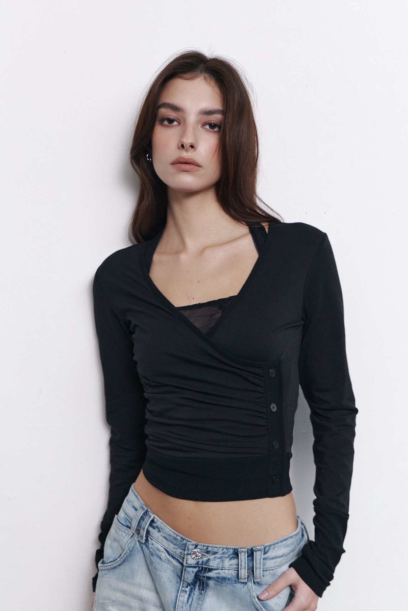 pleaseNOFOLLOW - Selena Button Wrap long sleeve Top (Black)