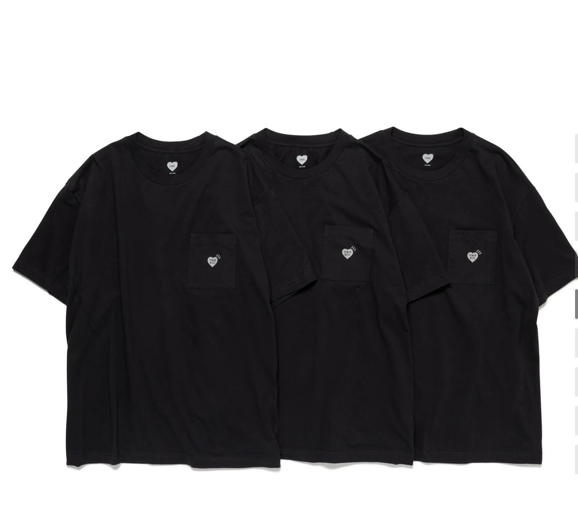 Human made pocket Tee套裝 齊色齊碼返貨👍🏻👍🏻 Navy / Black / white /grey set 一套3件 Size :m-xL 每一件T恤的左胸口袋上都有一顆“心”，不論是單穿還是疊穿都能帶來無限搭配可能性 每一件T恤的左胸口袋上都有一顆“心”，不論是單穿還是疊穿都能帶來無限搭配可能性