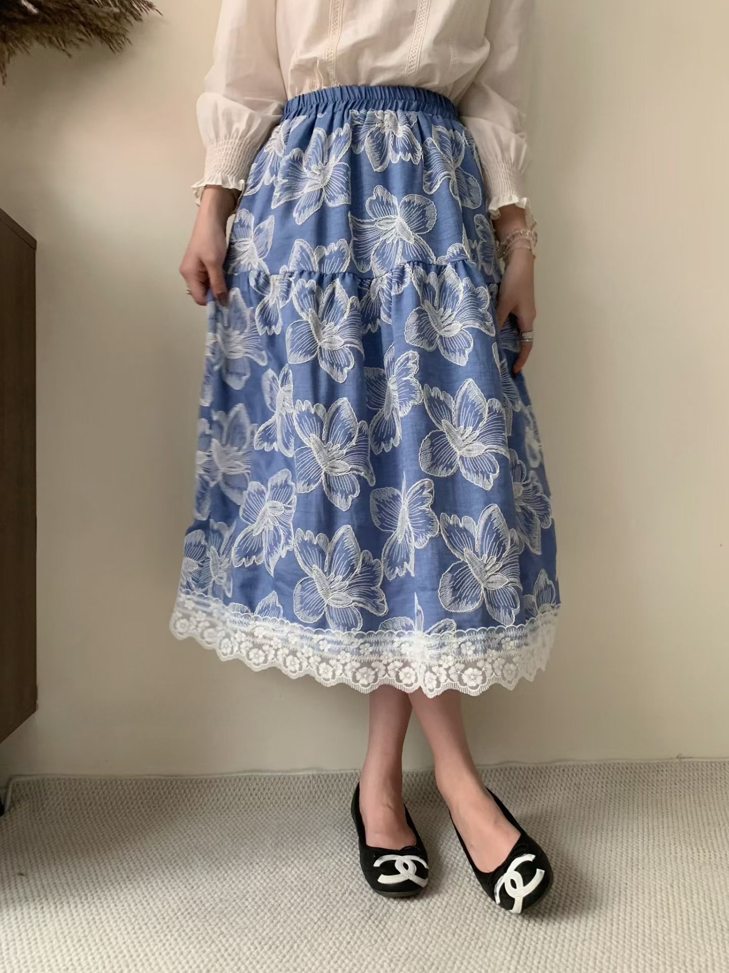 刺綉蕾絲邊鬆緊腰半身裙(26~40寸腰)