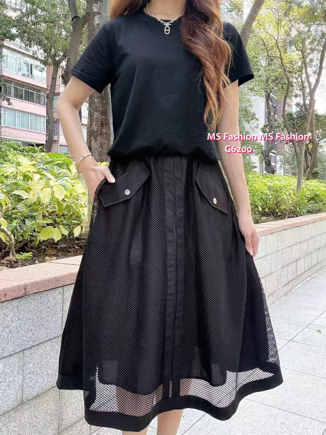 G6200 韓國🇰🇷假兩件拼網料連身裙