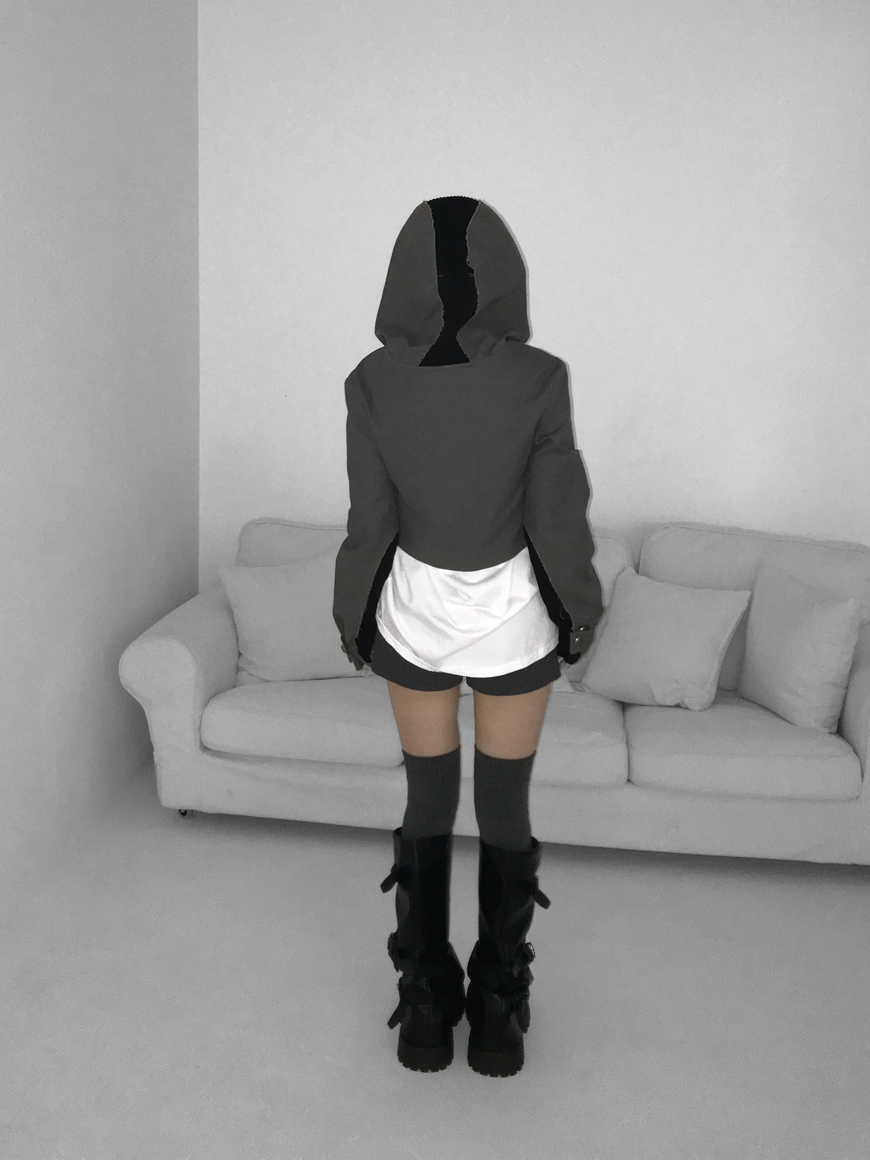 Asymmetric Raw-Edge Hooded Cropped Jacket